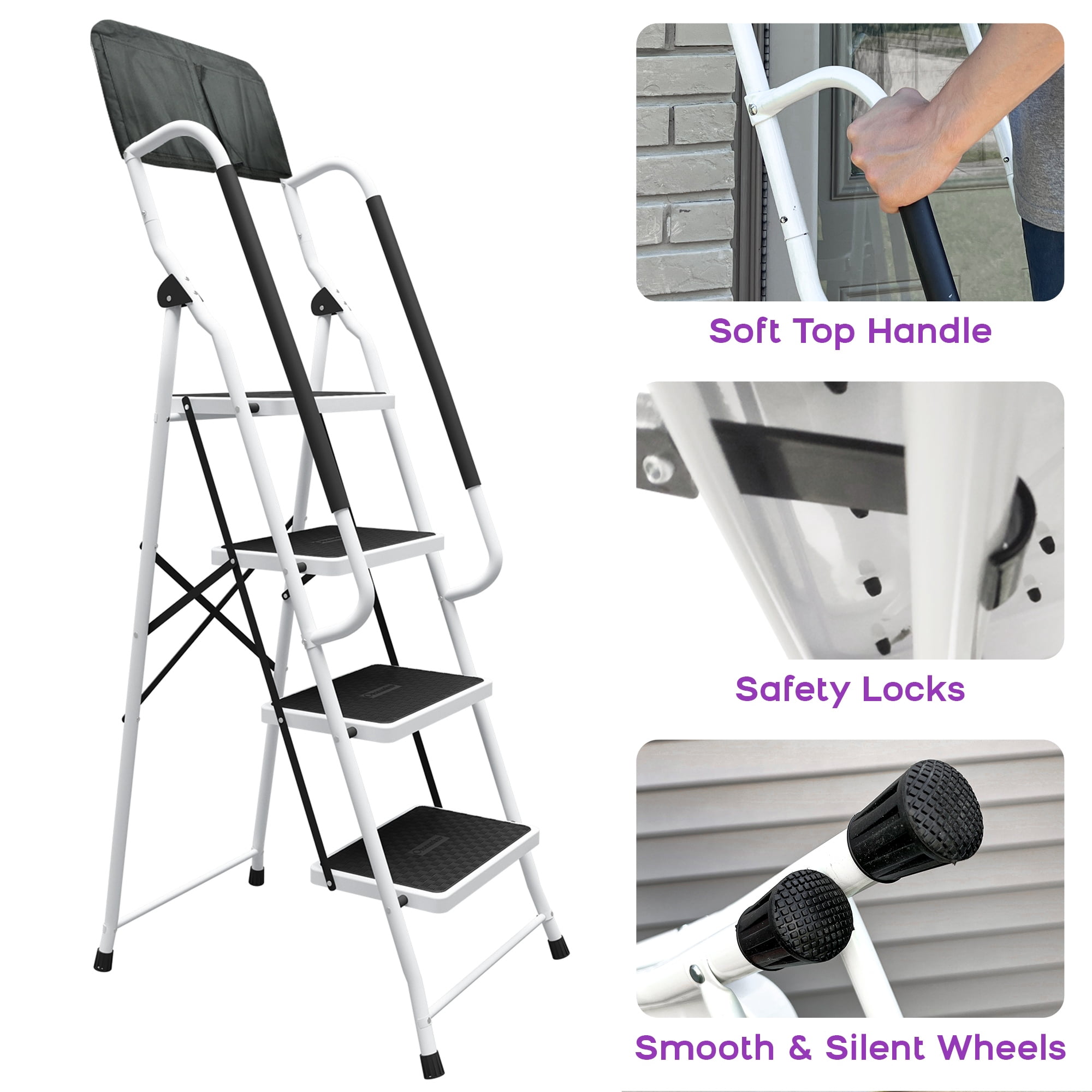 Whifea 4-Step Folding Ladder with Handgrip and Anti-Slip Wide Platform (330 lb Capacity) 0119t