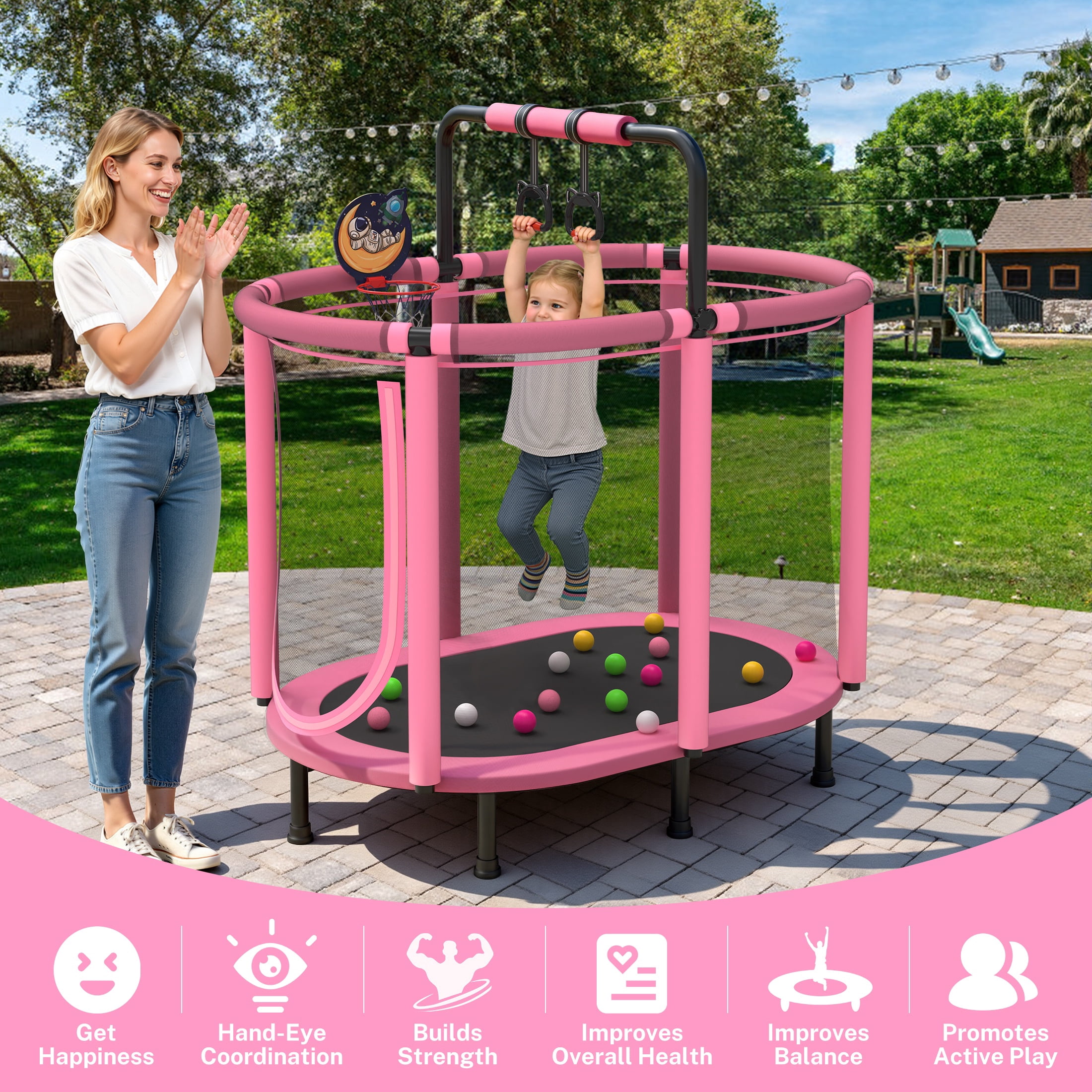 SHINPT 60 in Kids Trampoline with Enclosure Net, Basketball Hoop, and Gymnastic Bar (Pink, 60 in) n5r0i
