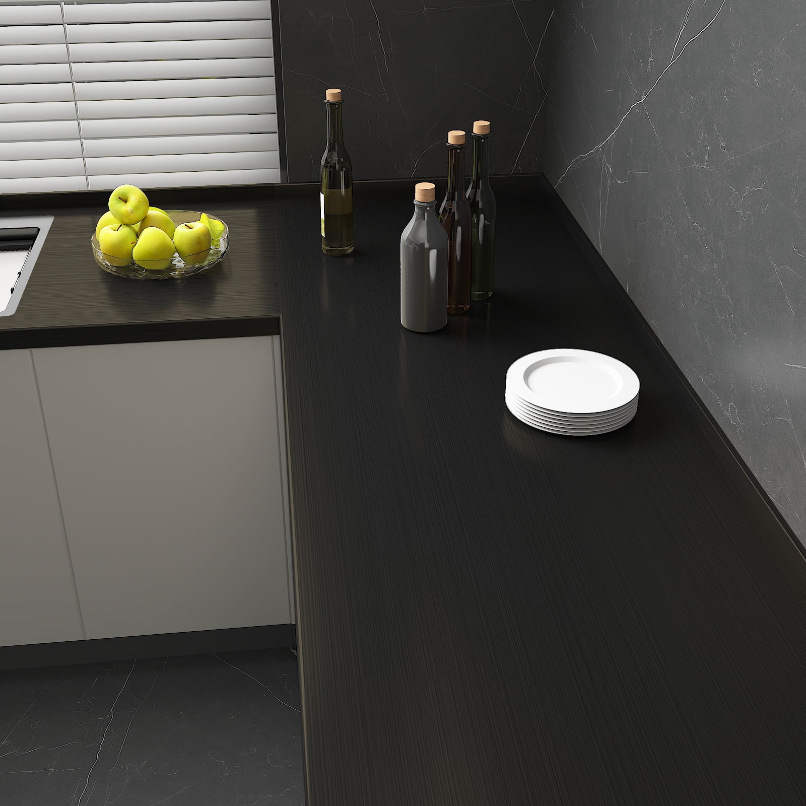 CHIHUT Peel and Stick Contact Paper, Waterproof Brushed Metallic Vinyl Wallpaper for Kitchen Countertops and Cabinets (Black, 17.7 in x 100 in) hcd8m