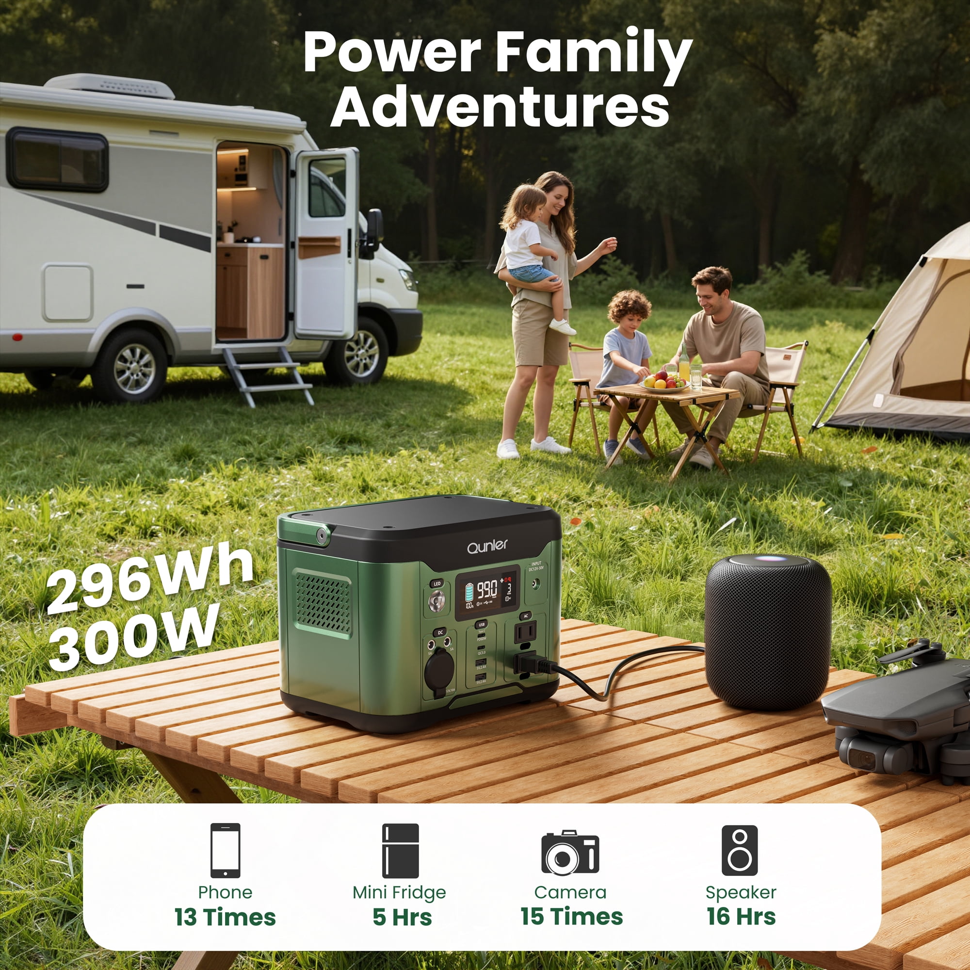 Qunler 300W Portable Power Station, 296Wh Backup Battery with Pure Sine Wave AC Outlet and 60W USB-C PD (Green, 7.6 lb) gu7ci