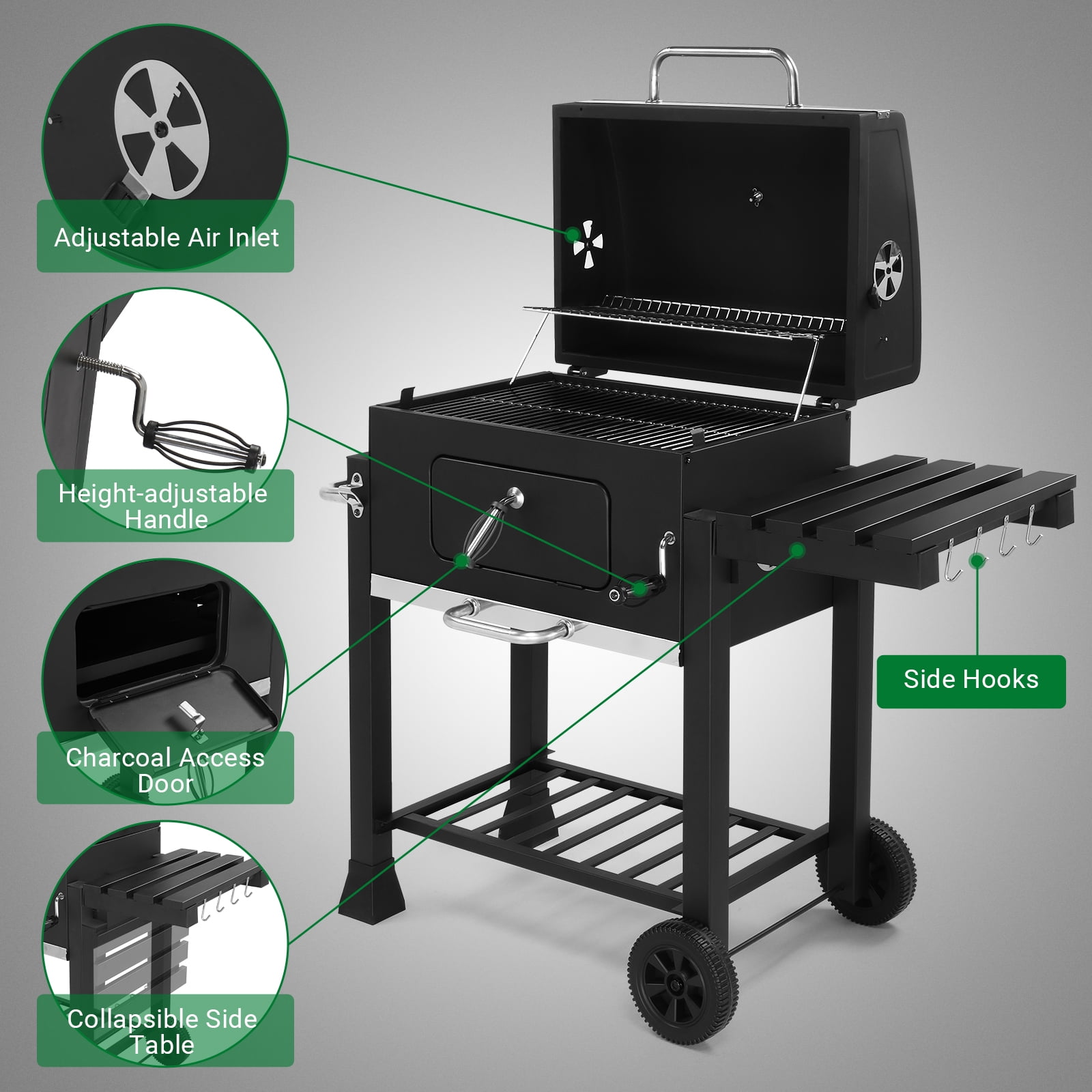 SalonMore BBQ Charcoal Grill Outdoor Barbecue Pit Smoker with Double Grill and Liftable Charcoal Tray (Black) d651f