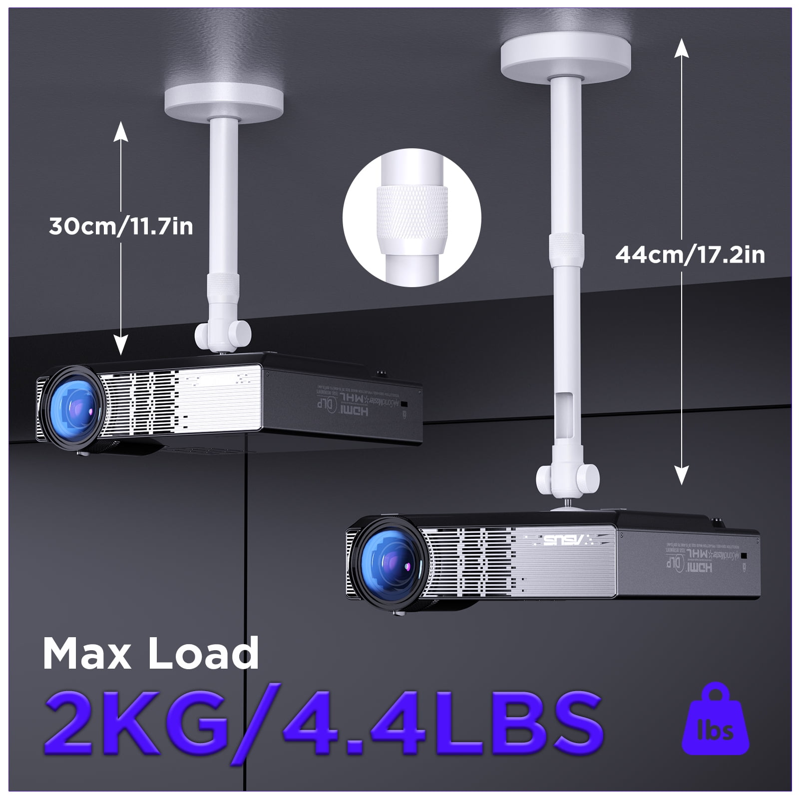Besititli Universal Projector Mount for Ceiling and Wall (Adjustable Tilt and Swivel, 11.7 in to 17.2 in Extension Pole, White) kwz3g