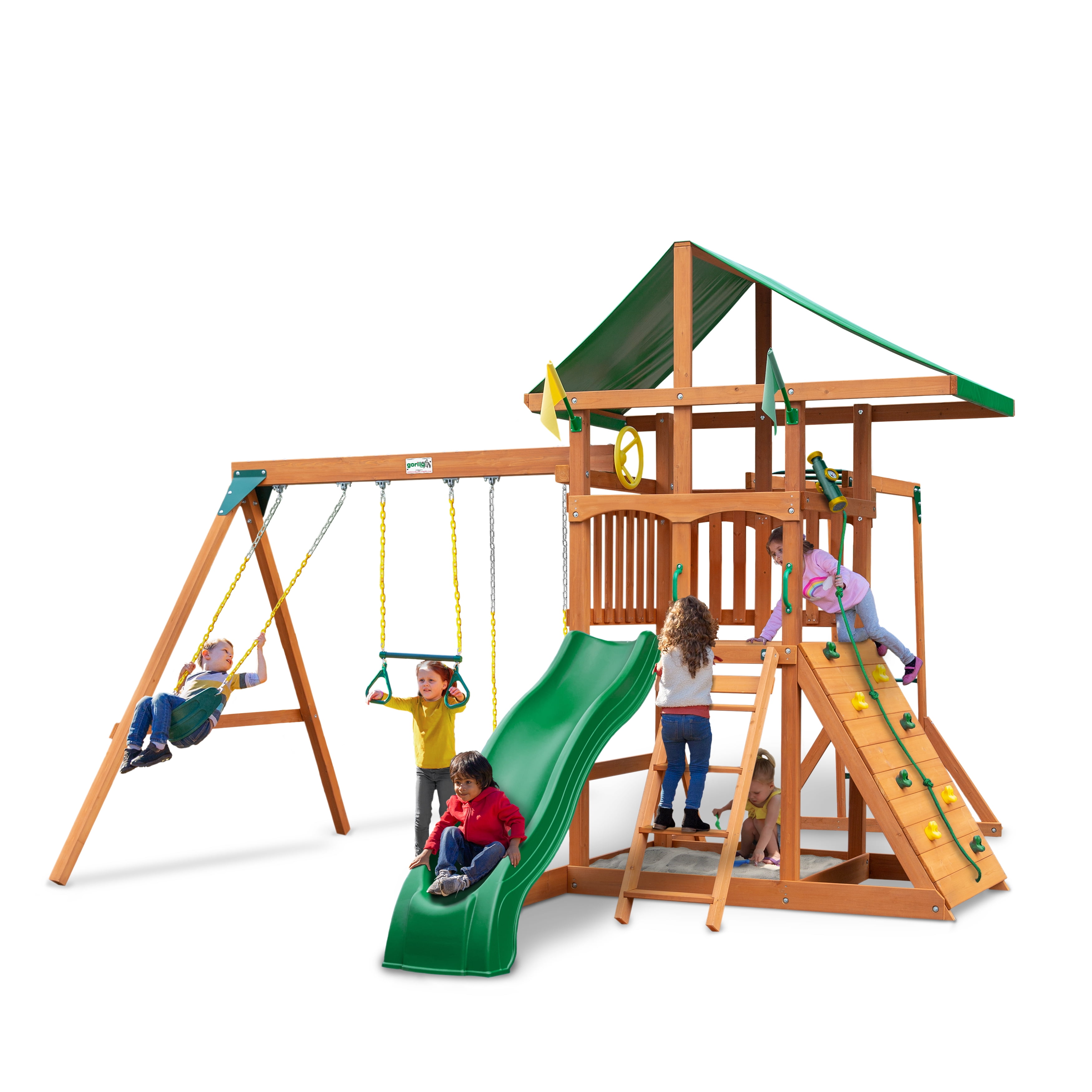 Gorilla Playsets Avalon Swing Set with Vinyl Canopy, Monkey Bars, Climbing Wall and Wave Slide (Amber, 800 lb Capacity) 1pj45