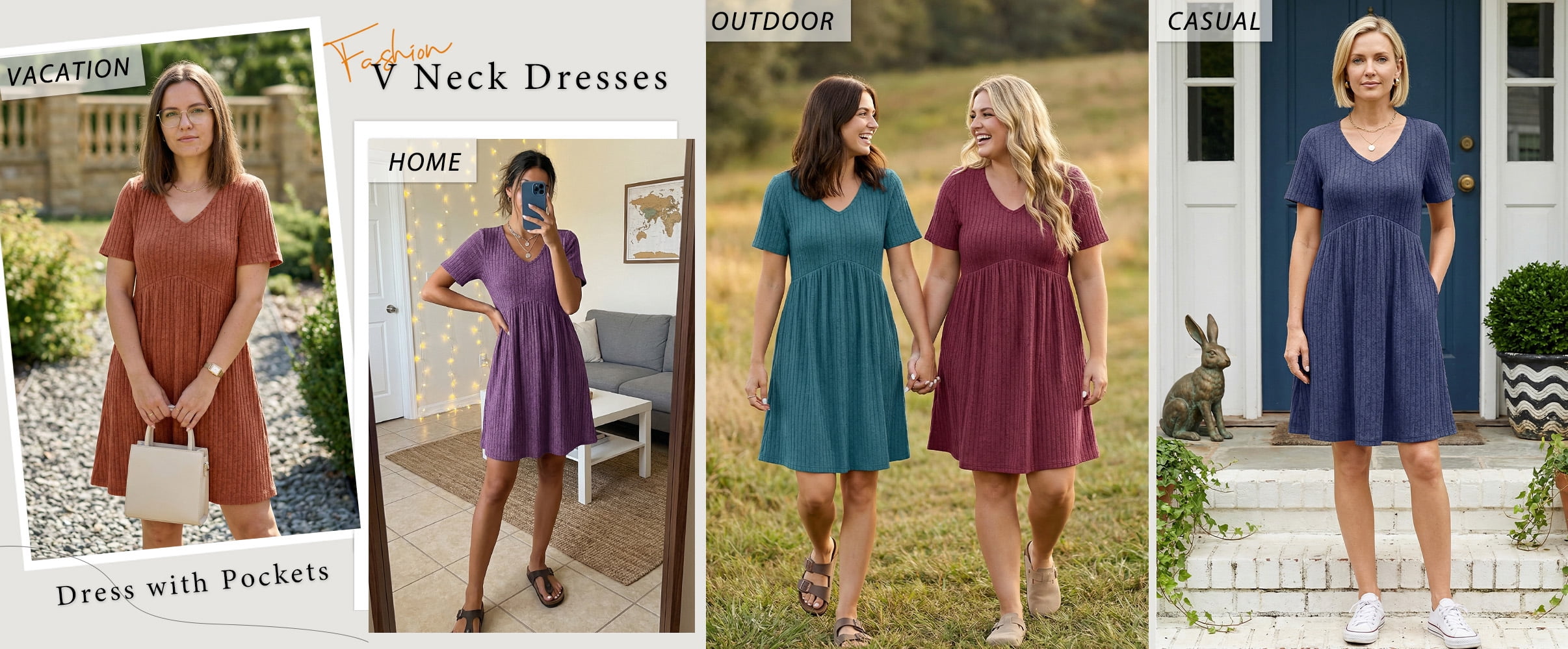 Fantaslook Women's V-Neck Midi Dress Short Sleeve Empire Waist Casual Tunic with Pockets (Green, L) 4ck2p