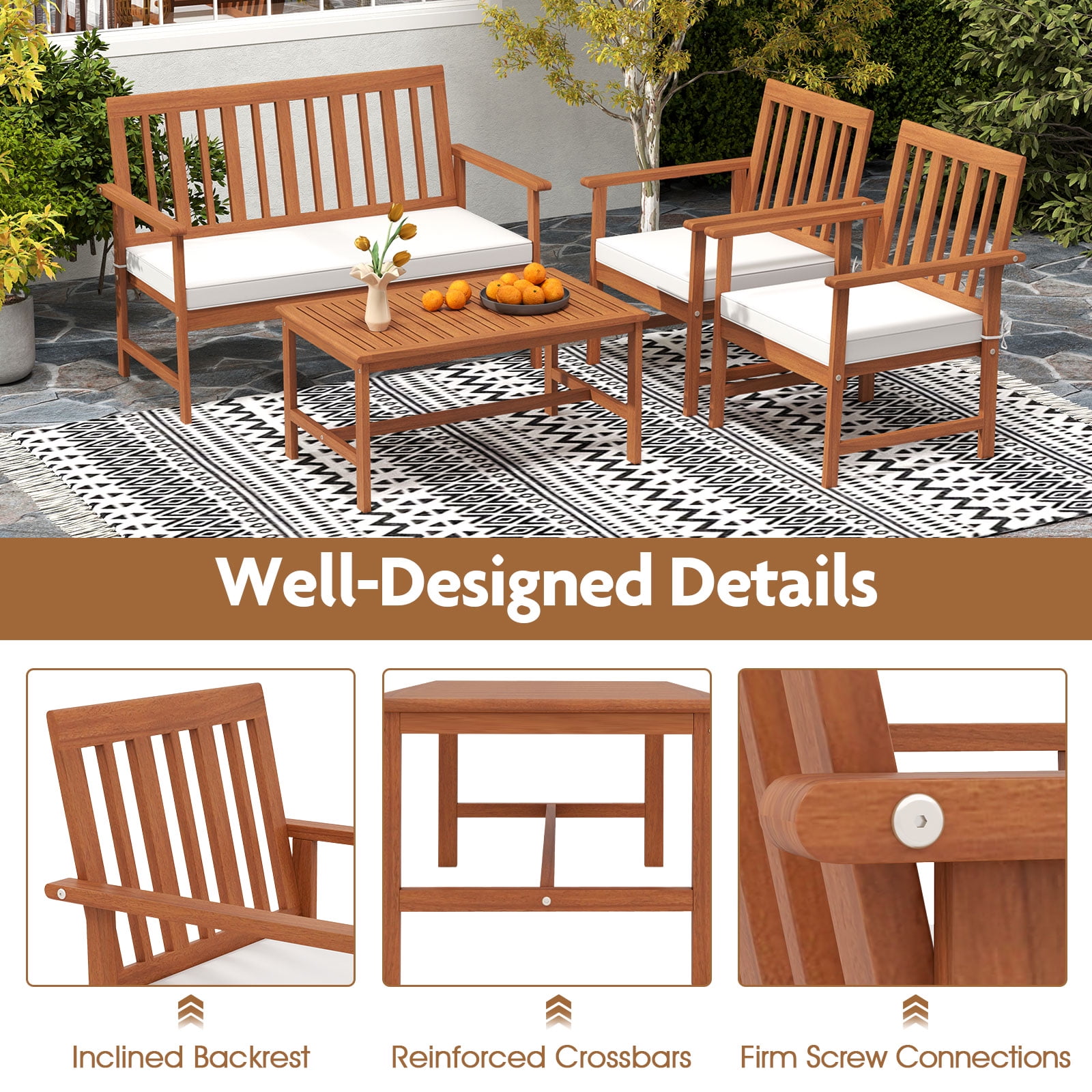 Gymax 4-Piece Acacia Wood Patio Conversation Set with Cushions (White, 4-Piece Set) zioc6