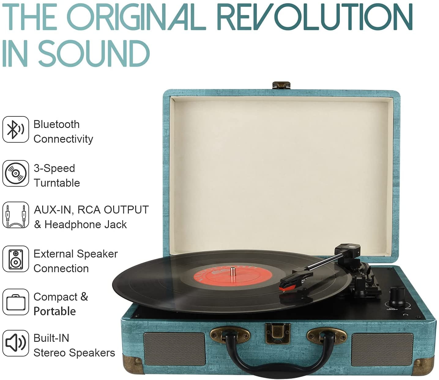 DIGITNOW Vintage 3-Speed Bluetooth Vinyl Turntable with Stereo Speakers (Blue, 13.8 in x 10.2 in x 4.7 in) p58cj