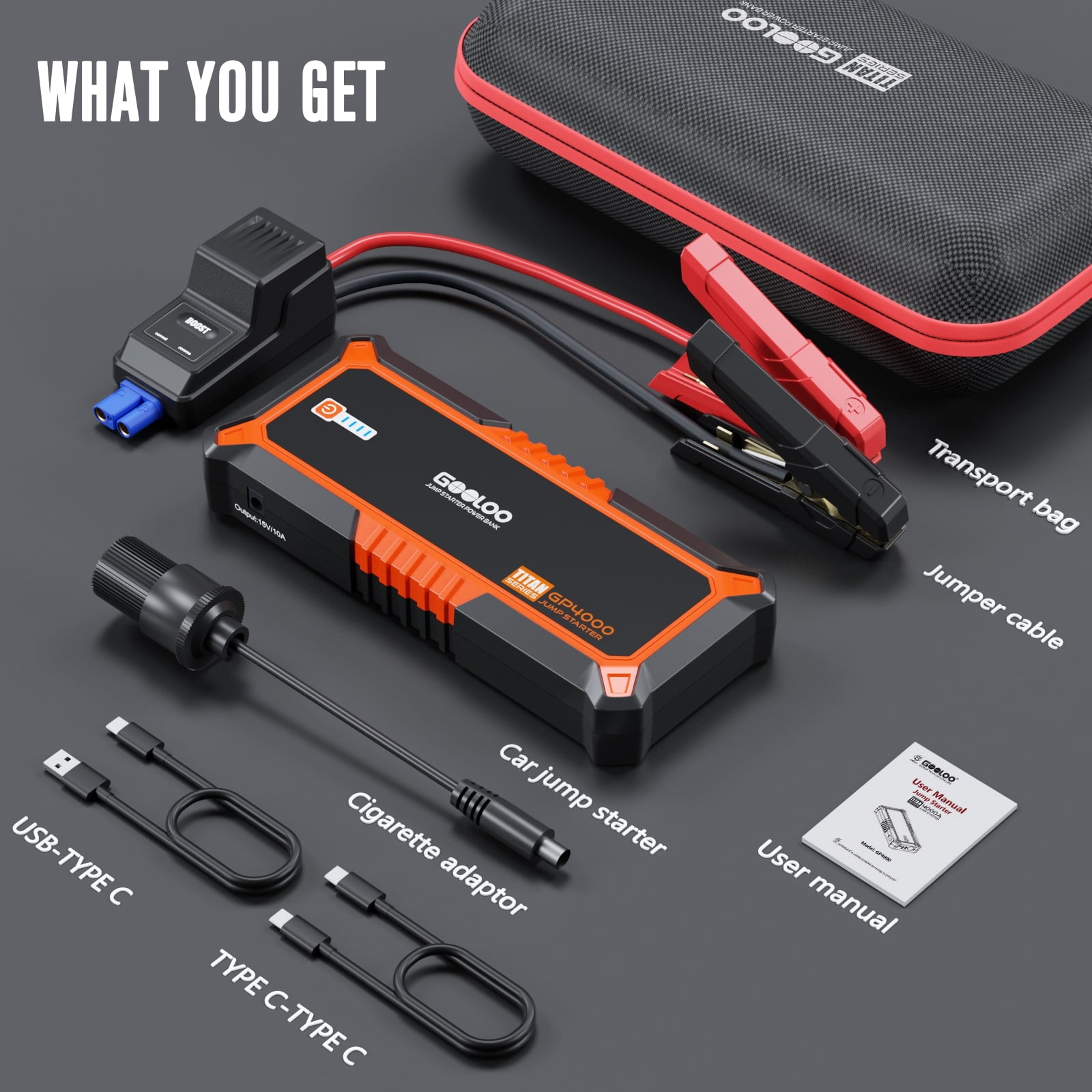 Gooloo GP4000 Portable Car Jump Starter (4000A Peak, 12V Battery Booster for Gas and 10.0L Diesel Engines) a7km3