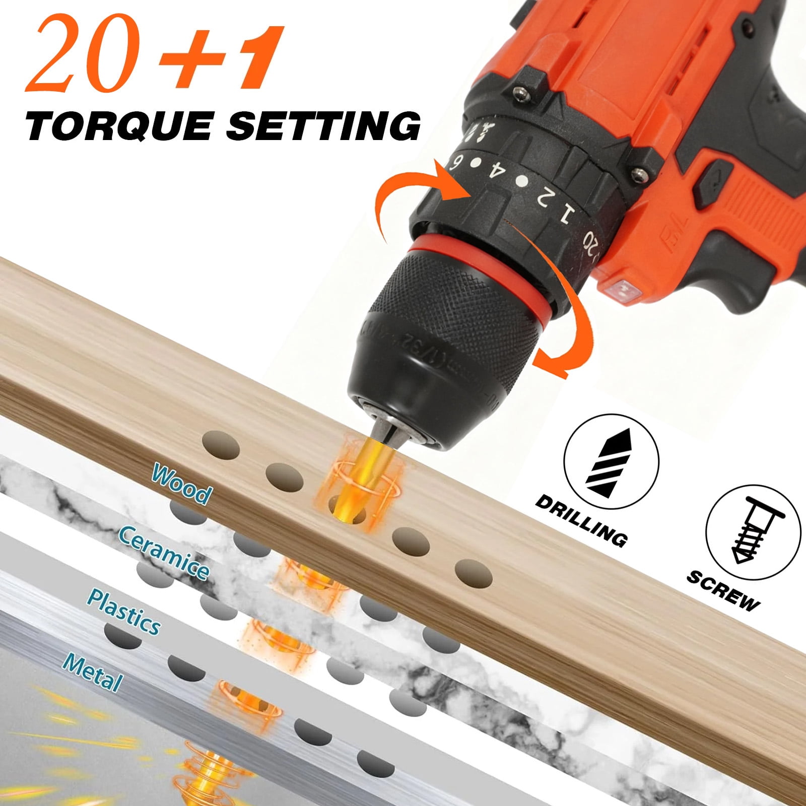 Susuzi 48V Cordless Power Drill Set with 34-Piece Accessory Kit, 2-Speed Variable Control, 3/8 in Keyless Chuck, and LED Work Light (3.8 lb) djc62