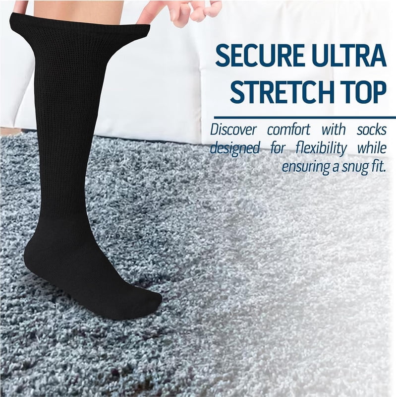 Diamond Star Men's Non-Binding Diabetic Knee High Socks, Cushioned Cotton Comfort (Black, 12 Pairs, Sock Size 9-11) x7osb