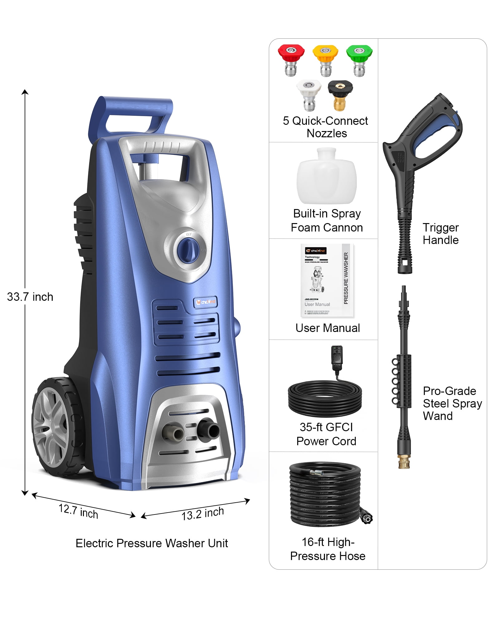ChicWind 1950 PSI Electric Pressure Washer, 1.55 GPM High-Pressure Cleaner with Foam Cannon (27 ft Hose) xlmbd
