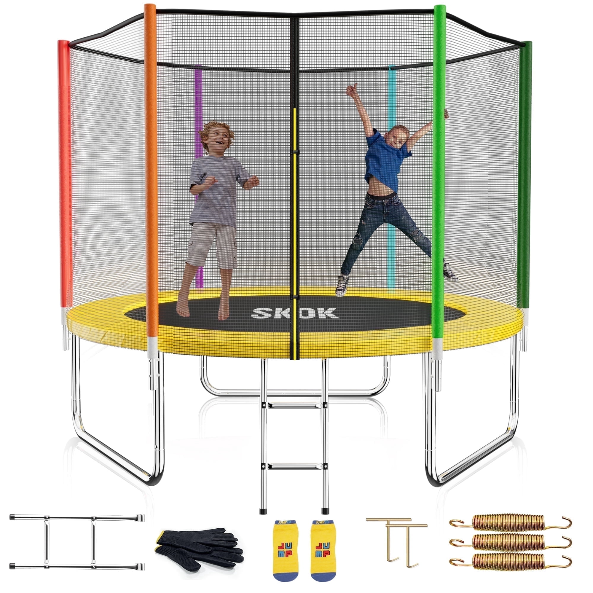 SKOK 8ft Backyard Trampoline with Safety Enclosure Net and Ladder (Colorful, 400 lb Capacity) bmf70