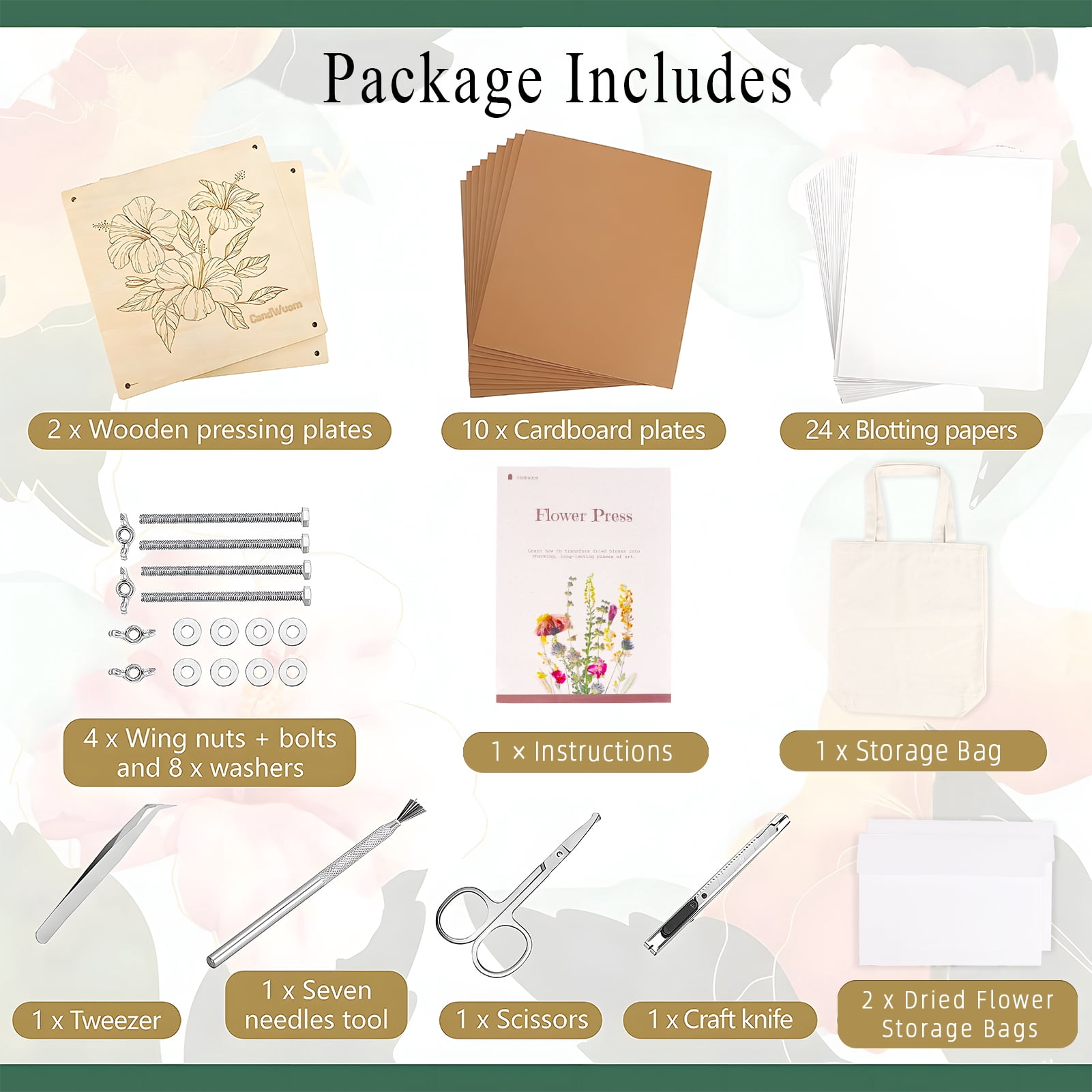 CandWuom Large Wooden Flower Press Kit, DIY Botanical Drying Craft Set for Bouquet Preservation (White, 11 in x 11 in) x2mbi