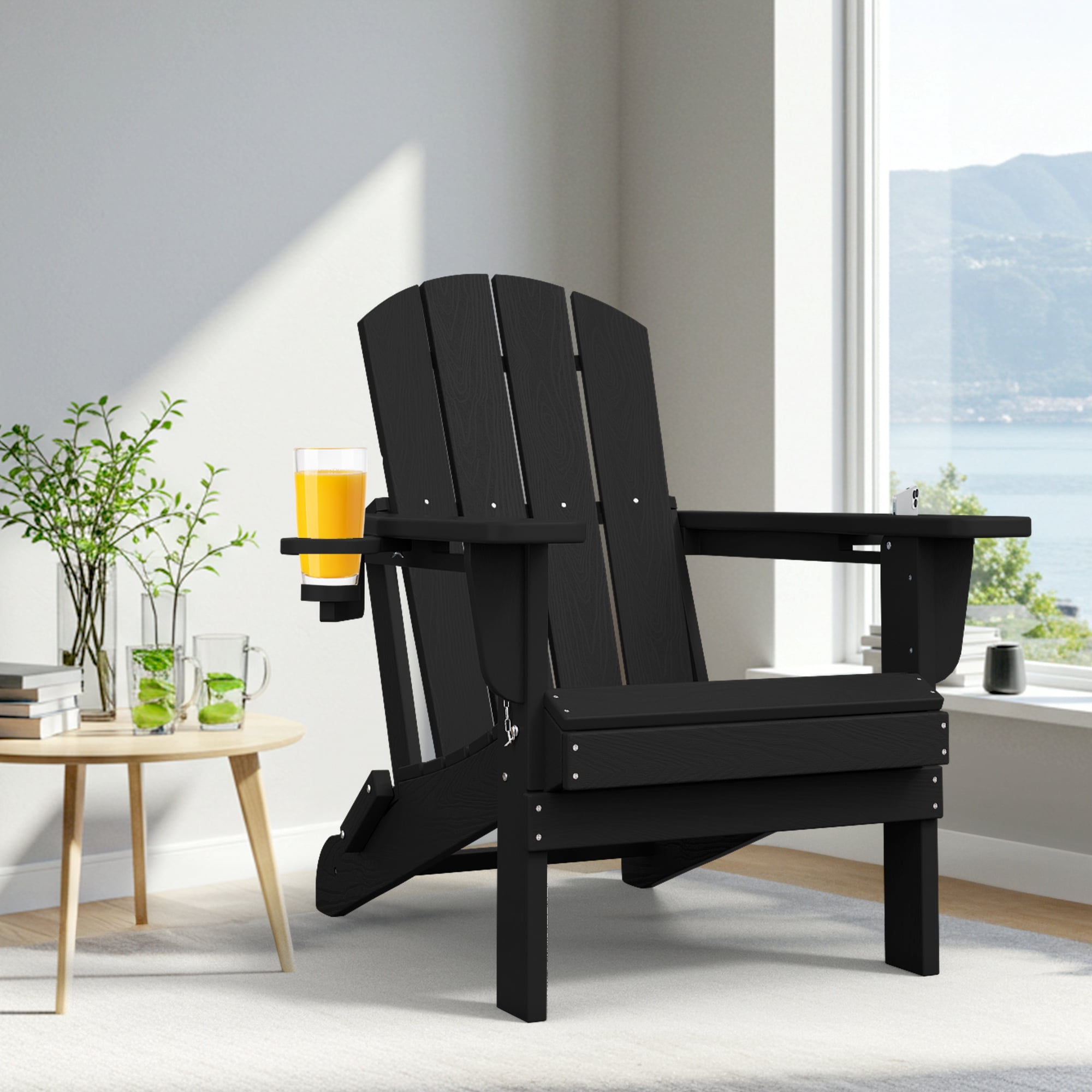 SERWALL Folding Adirondack Chair Set, All-Weather HDPE Patio Furniture with Cup & Phone Holders (Black, 32.5 in x 29.3 in x 35.8 in) ps3gb