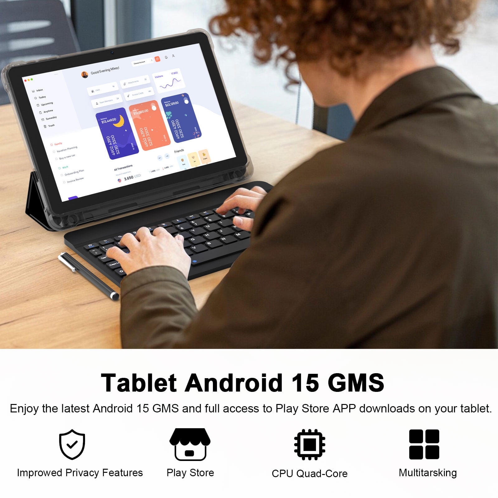 CUPEISI Android 15 Tablet 10.1 Inch (20GB RAM, 128GB ROM, 2TB Expandable, WiFi 6, Black, 2-in-1 Set with Keyboard, Mouse, Stylus) b6z46