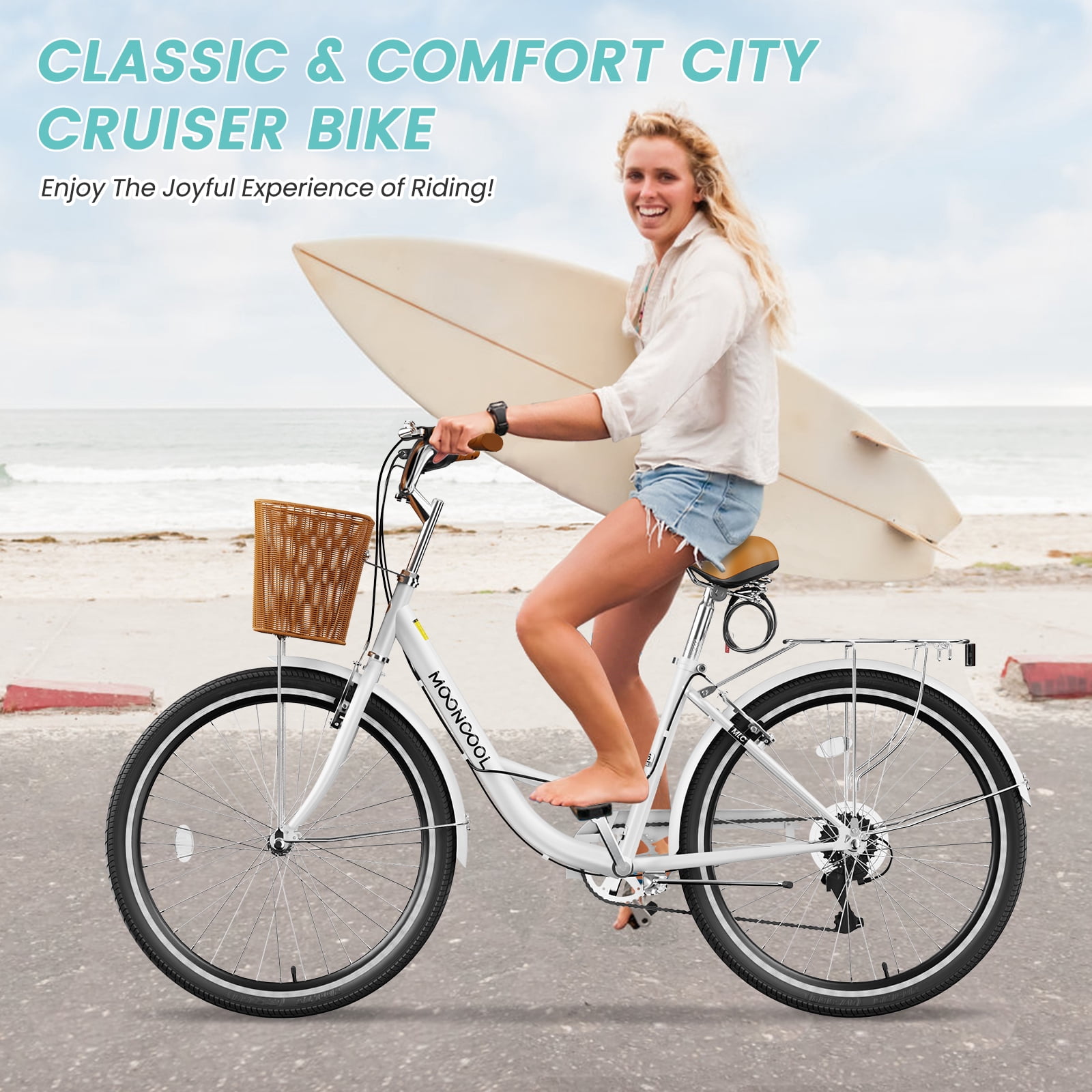 MOONCOOL 7-Speed Cruiser Bike for Women, Step-Through City Bicycle with Basket and Rear Rack (White, 26 in) mld91