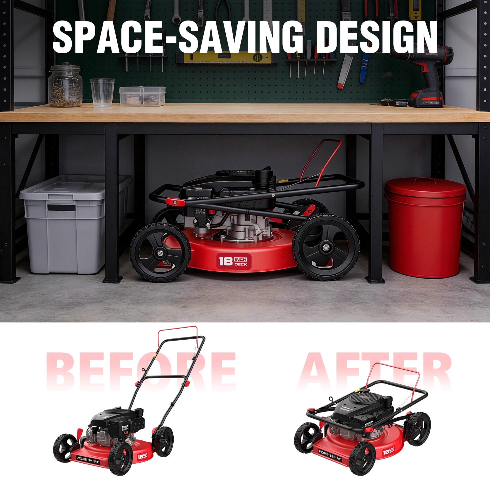 PowerSmart 18 in 144cc Gas Lawn Mower, Push Mower with 5-Position Height Adjustment and Foldable Steel Deck (18 in) cr1h8
