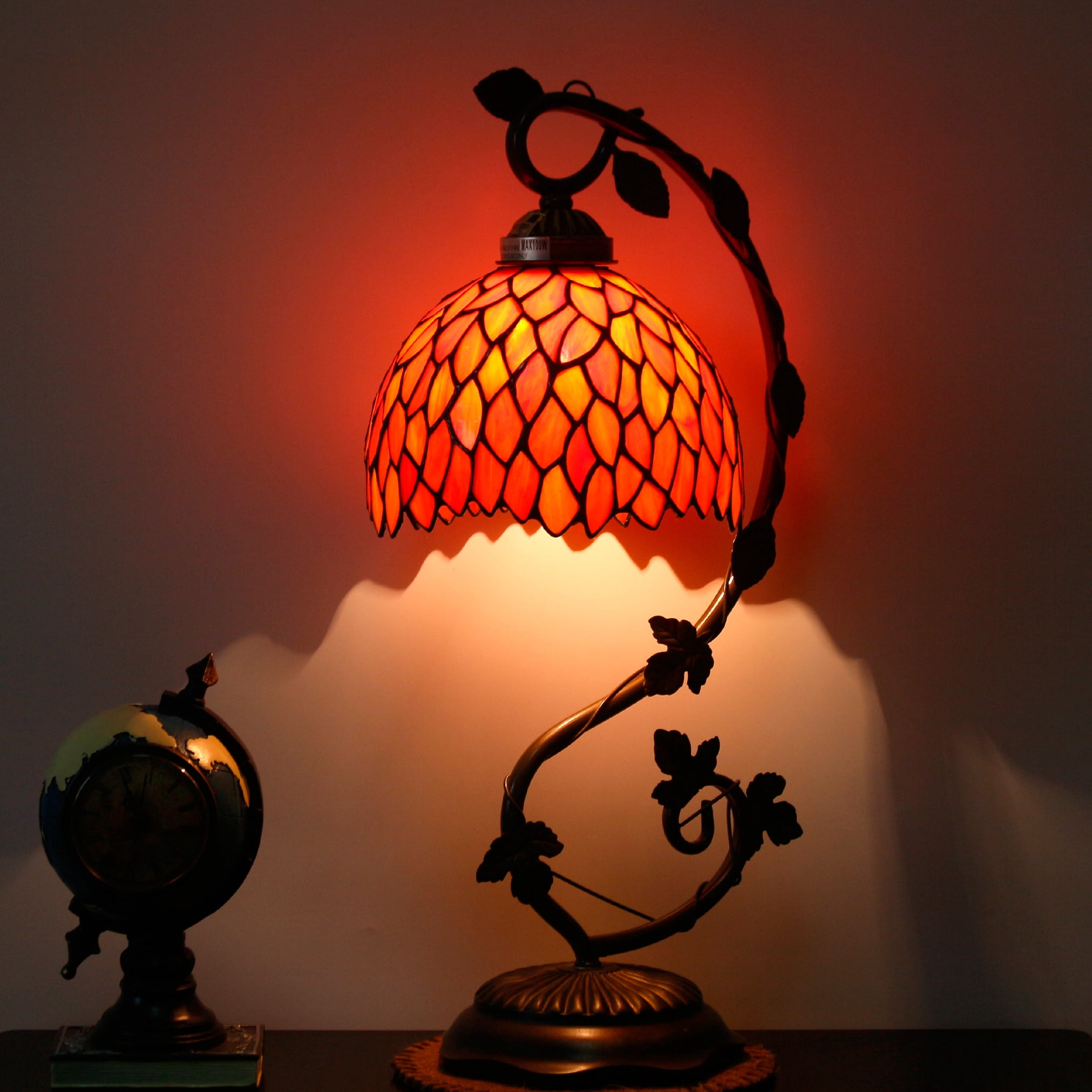 WERFACTORY Tiffany Table Lamp, Stained Glass Bedside Reading Light, Antique Wisteria Style with Metal Leaf Base (Red, 20 in) 6x2wm