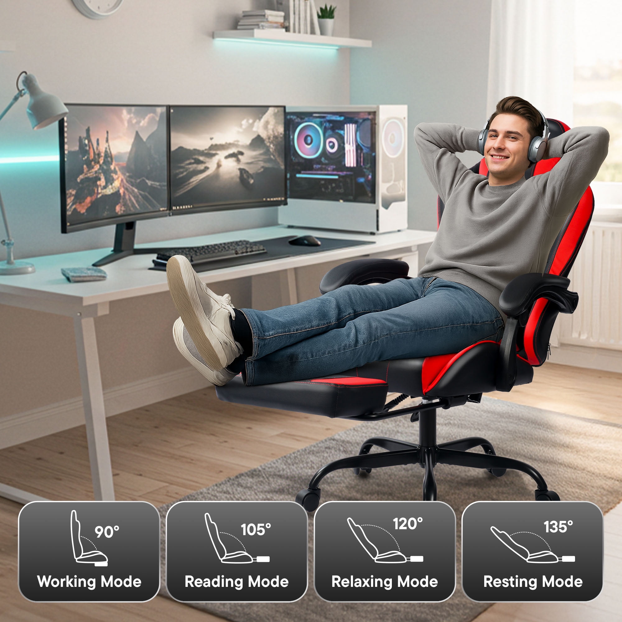 CELTOSS Ergonomic Gaming Chair with Footrest and Lumbar Support (Red, 300 lb Capacity) ehsjc