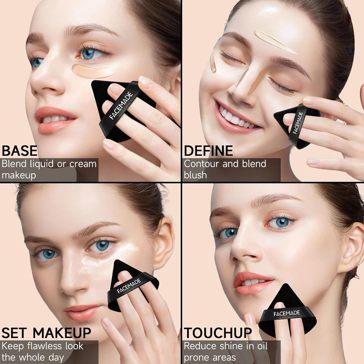 Huauo Triangle Velour Face Powder Puff Set with Storage Case (Black, 6 Pack, 2.76 in) dqd0o