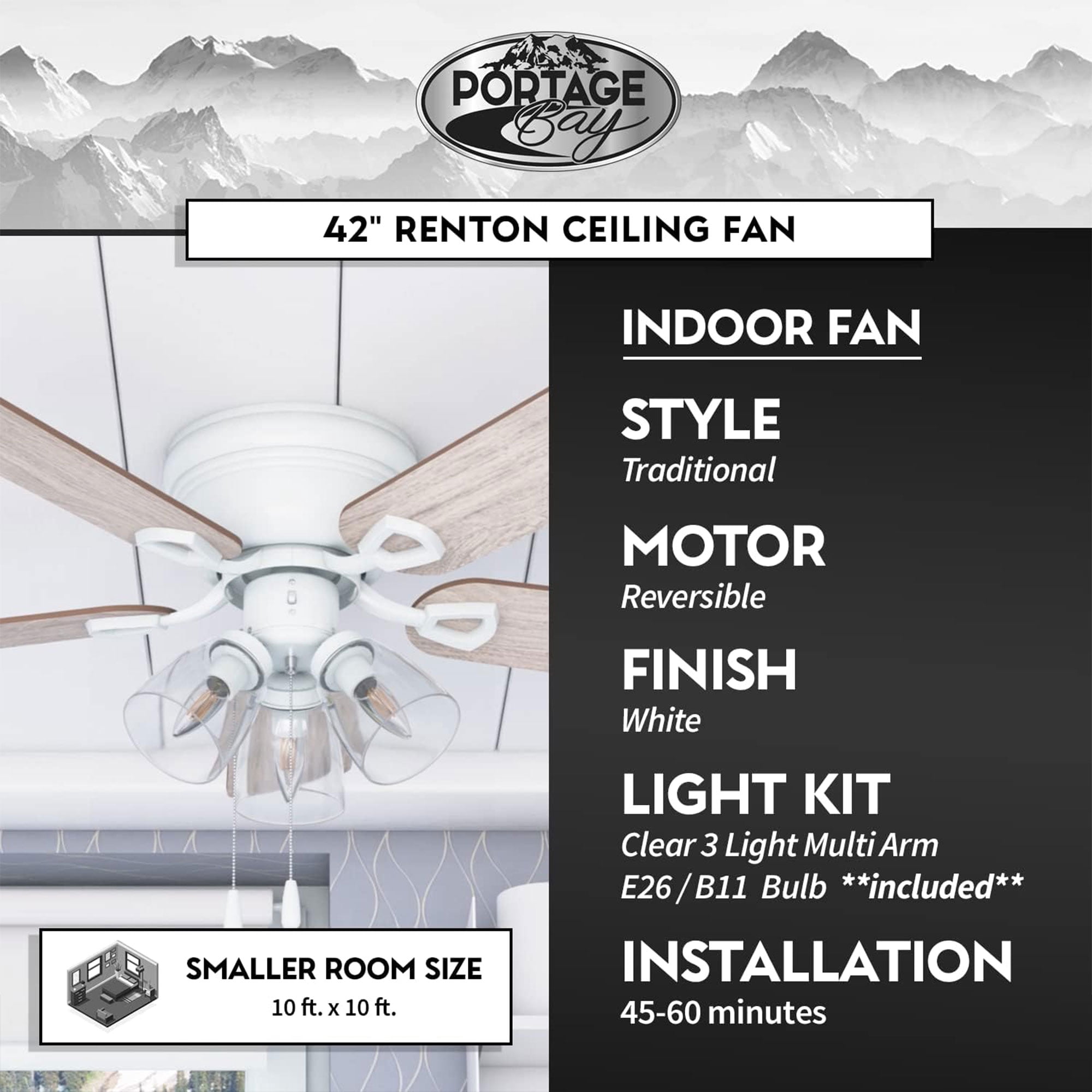 Portage Bay Renton Ceiling Fan with Quiet Reversible Motor and LED Light (Brushed Nickel, 52 in) 6b6oj