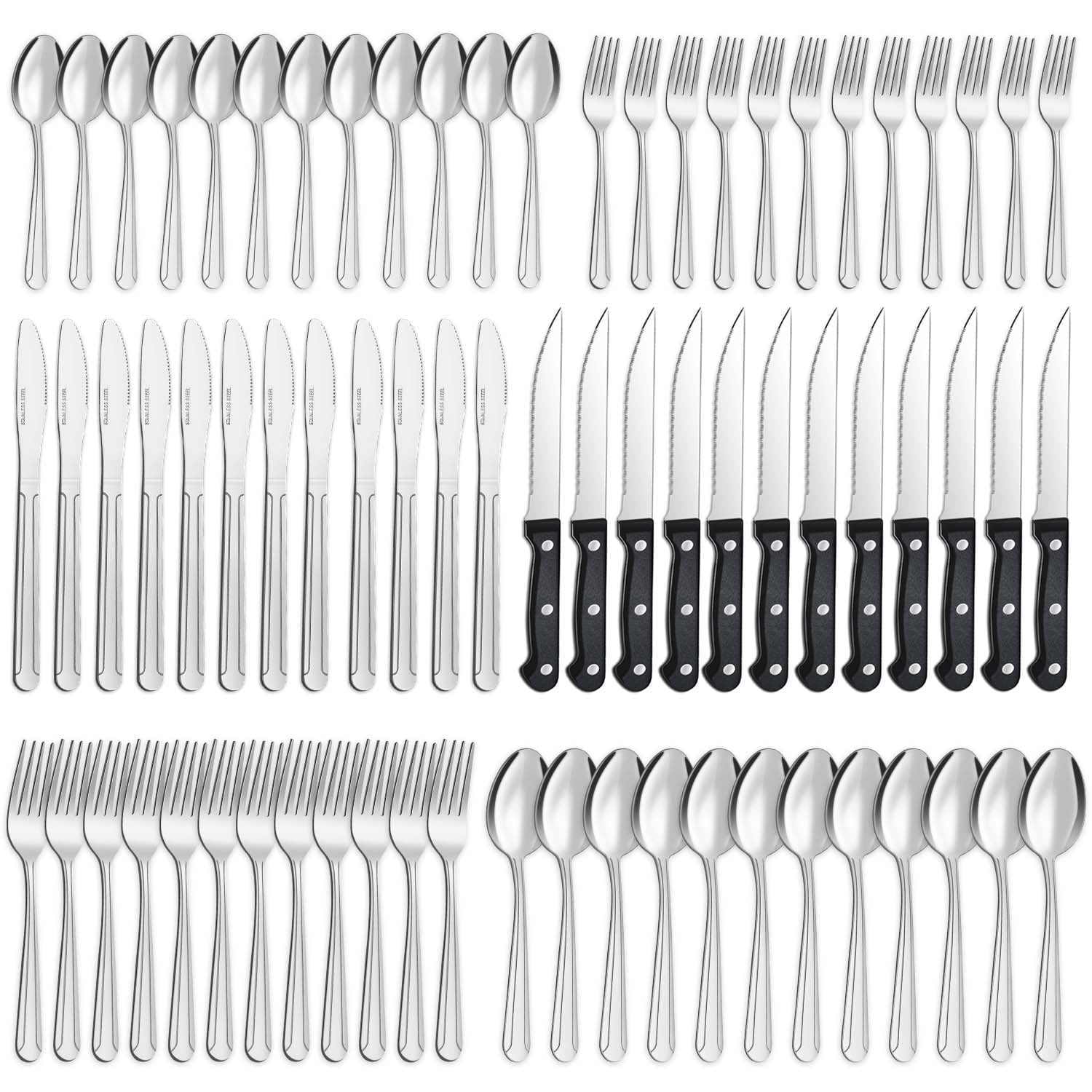 Bestdin 72-Piece Stainless Steel Silverware Set with Steak Knives (Mirror Polished, Service for 12) 3yaaq