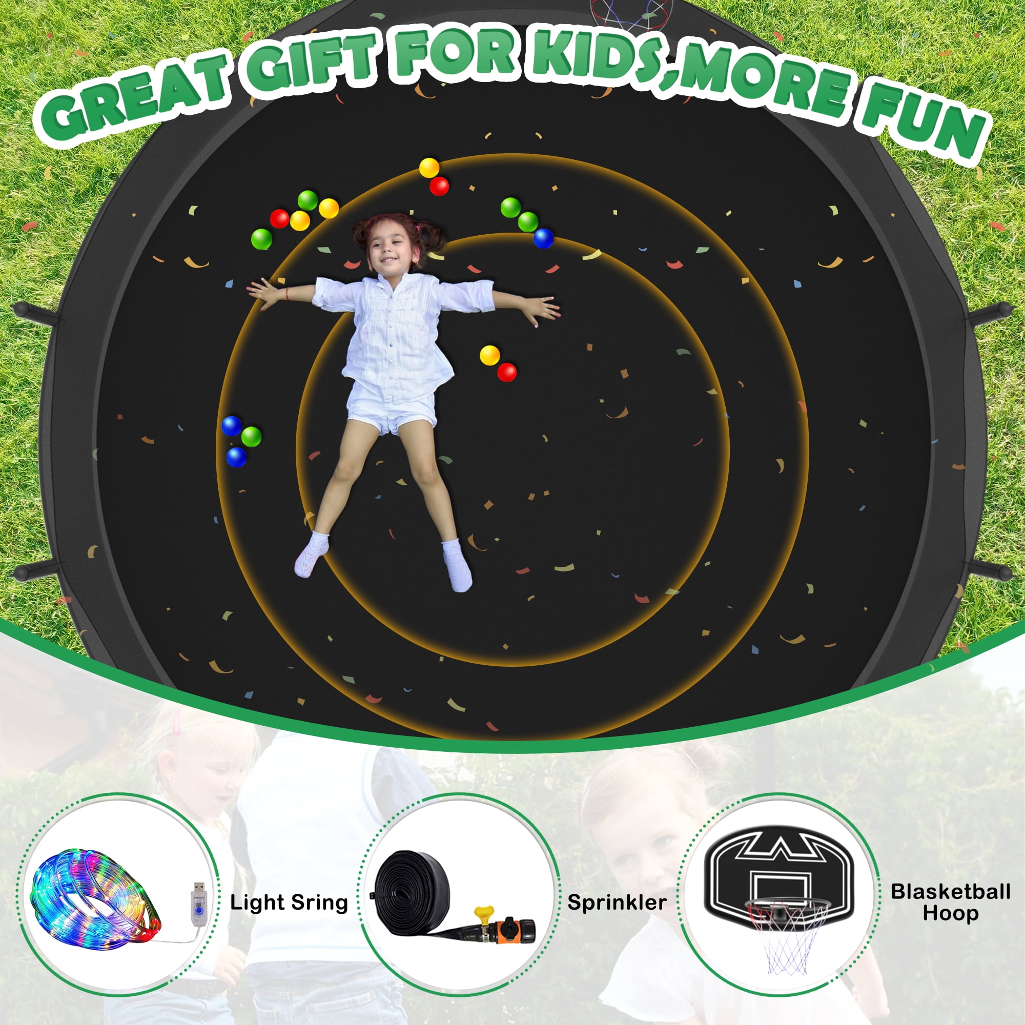 LHX Outdoor Backyard Trampoline with Enclosure Net, Basketball Hoop, Ladder, and LED Lights (Black, 16 ft) d70aj