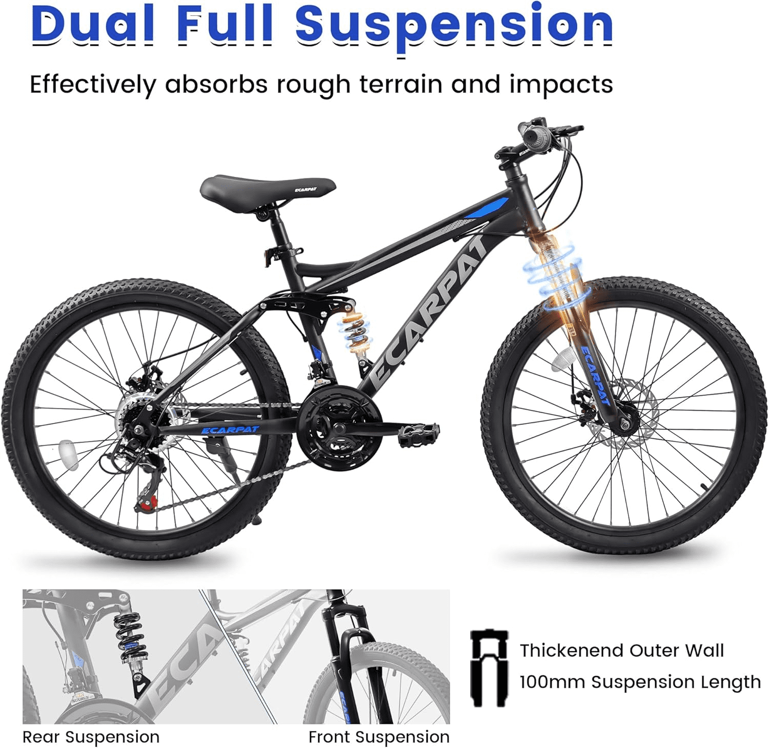 ESRIDOM 26 in Mountain Bike, 21-Speed Full Suspension MTB with Dual Disc Brakes (Black, 26 in) 7xb0o