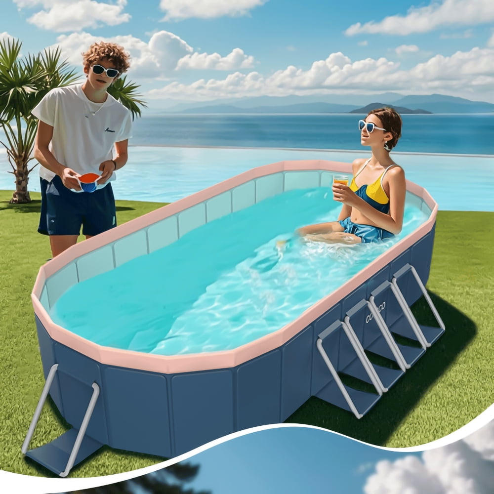 Generic Above Ground Swimming Pool, Folding Outdoor Family Pool with Aluminum Alloy Frame (Blue-Gray, 12 ft x 8 ft) lvu3r
