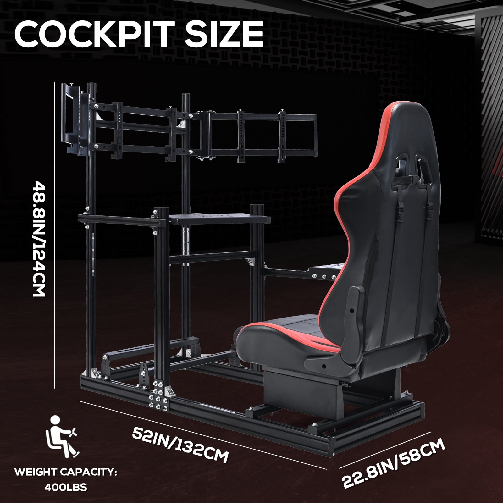 Supllueer Aluminum Racing Simulator Cockpit with Adjustable Seat and Triple Monitor Stand (Black) ve1yv