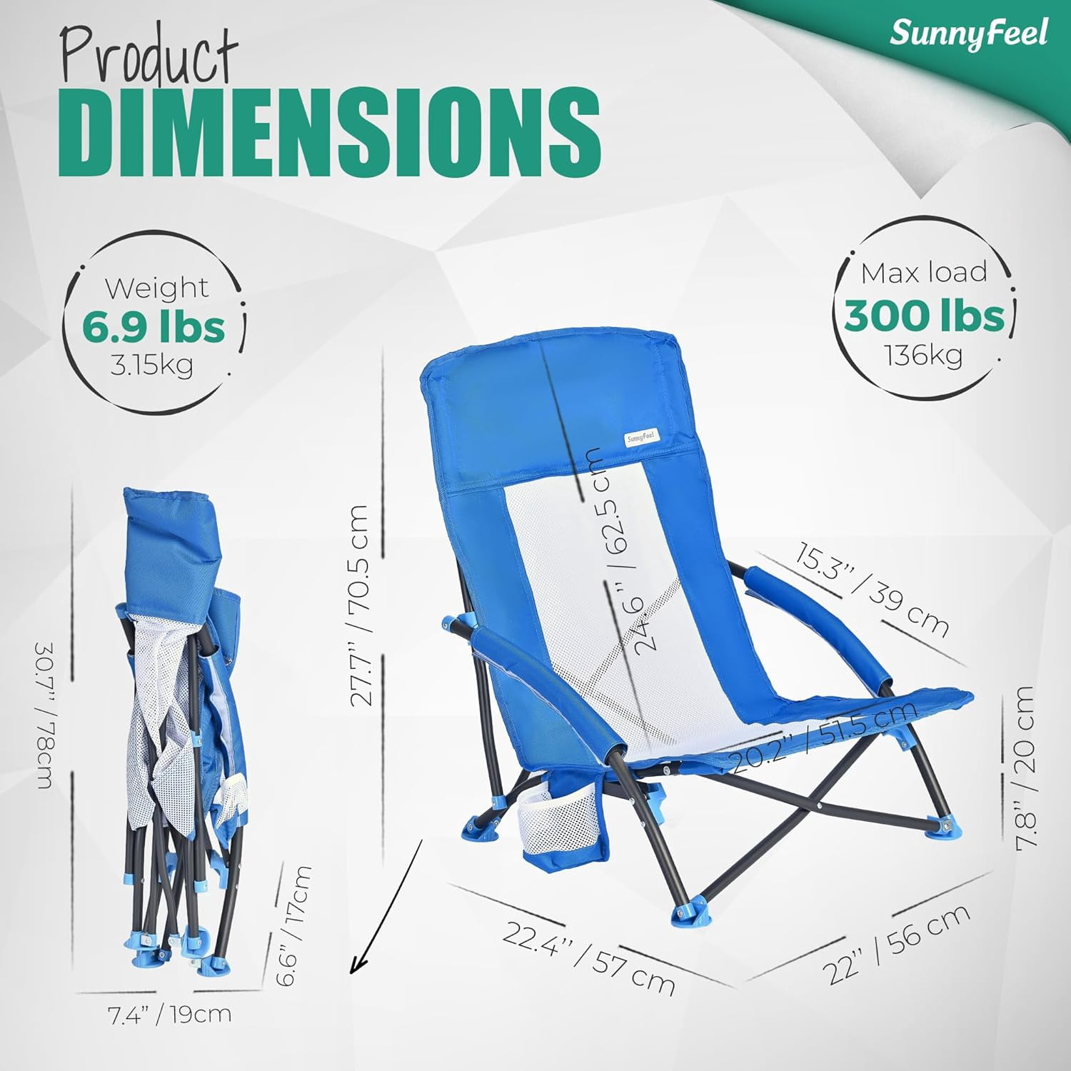 Sunnyfeel Folding Low Camping Beach Chair, Portable Lawn Chair with Mesh Back (Blue, 7.5 lb) 7ndl3