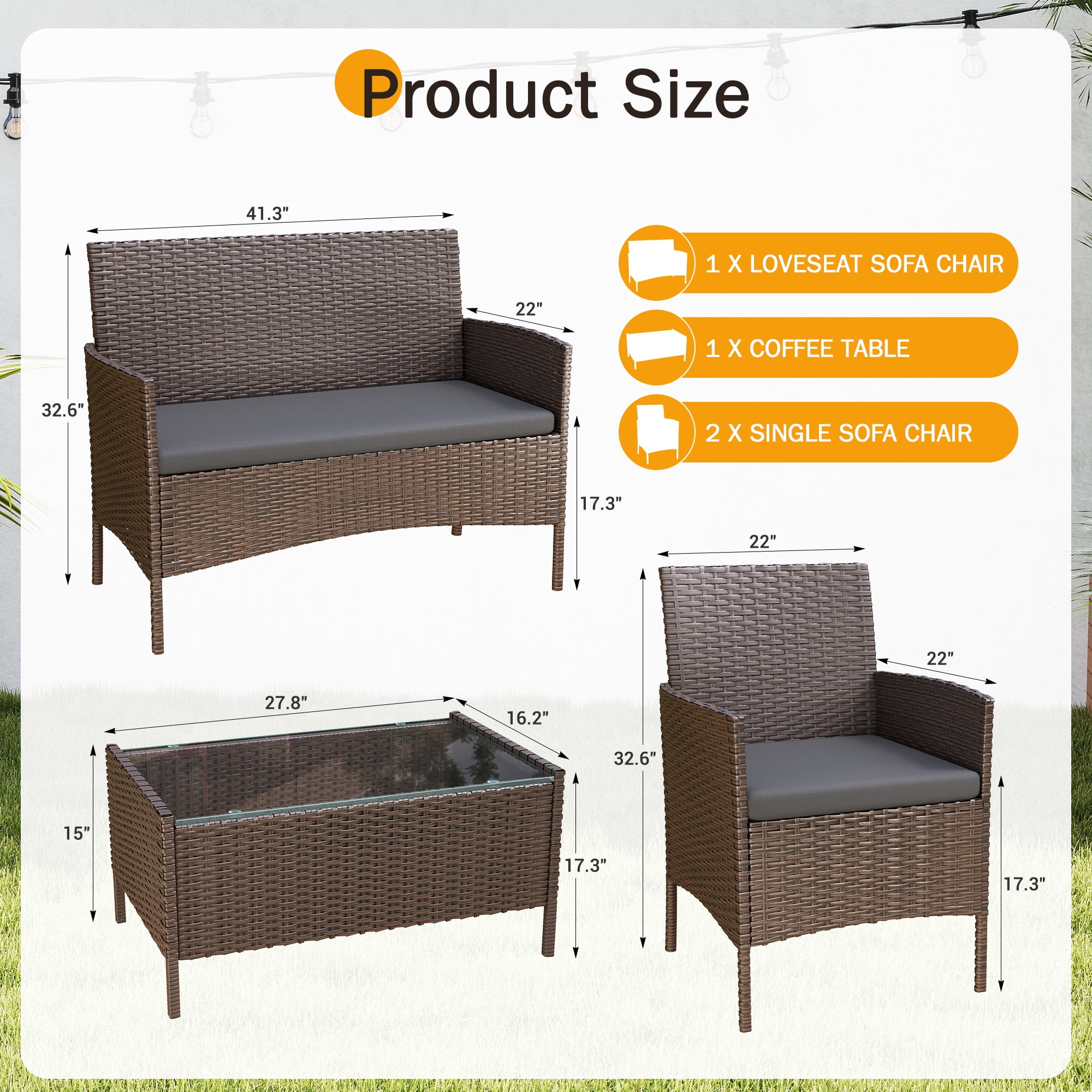 MRUAKA 4-Piece Outdoor Wicker Patio Furniture Set with Cushions and Coffee Table (Grey, 4-Piece Set) d54ge
