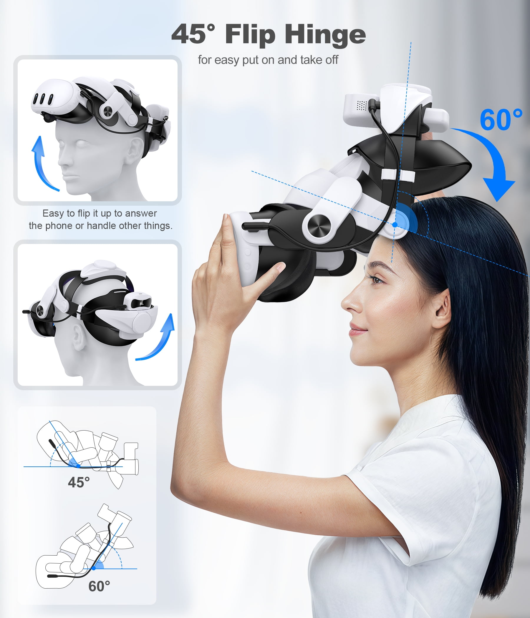 Beboncool Adjustable Head Strap for Meta Quest 3, 3S, and 2 with 7500mAh Battery Pack (White, 1 Pack) fedhq