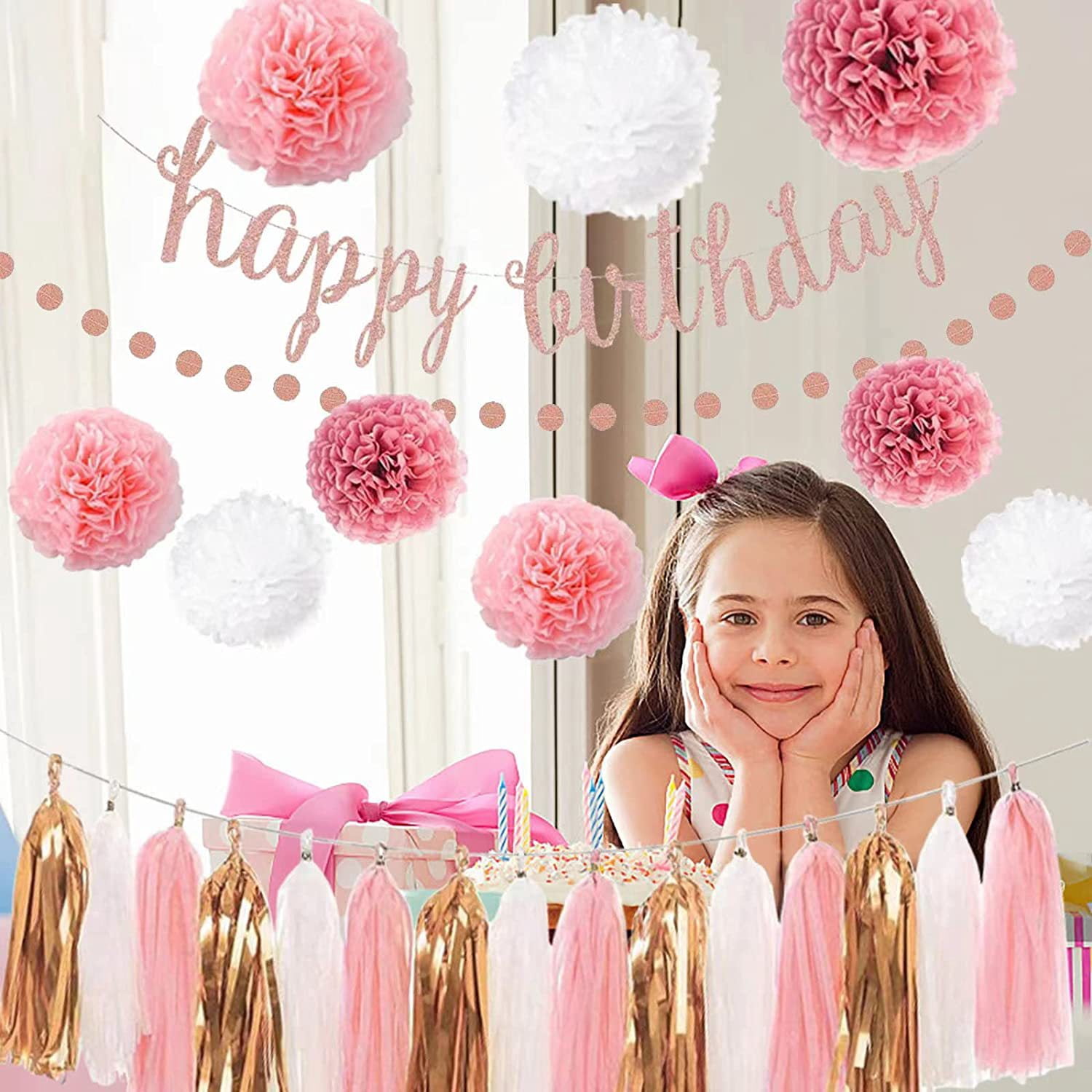 LeeHaven Birthday Party Decorations Set, Rose Gold Glittery Banner and Paper Garland Kit (Pink, 1 Set) 4cot3