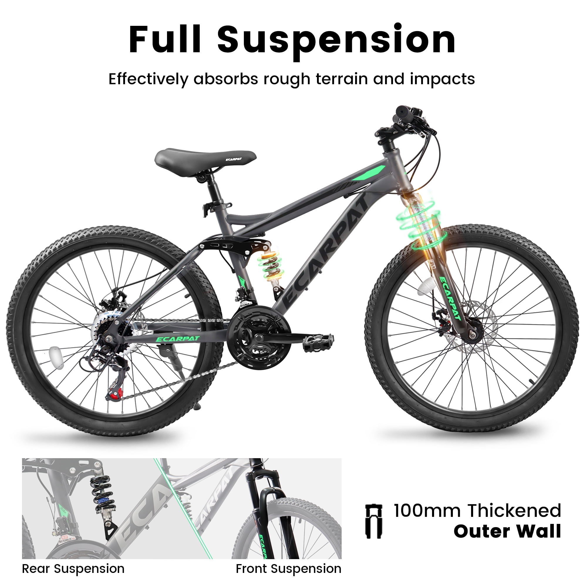 Juuar 26 in Mountain Bike, 21-Speed Full Suspension MTB with Dual Disc Brakes (Gray, 26 in) la065