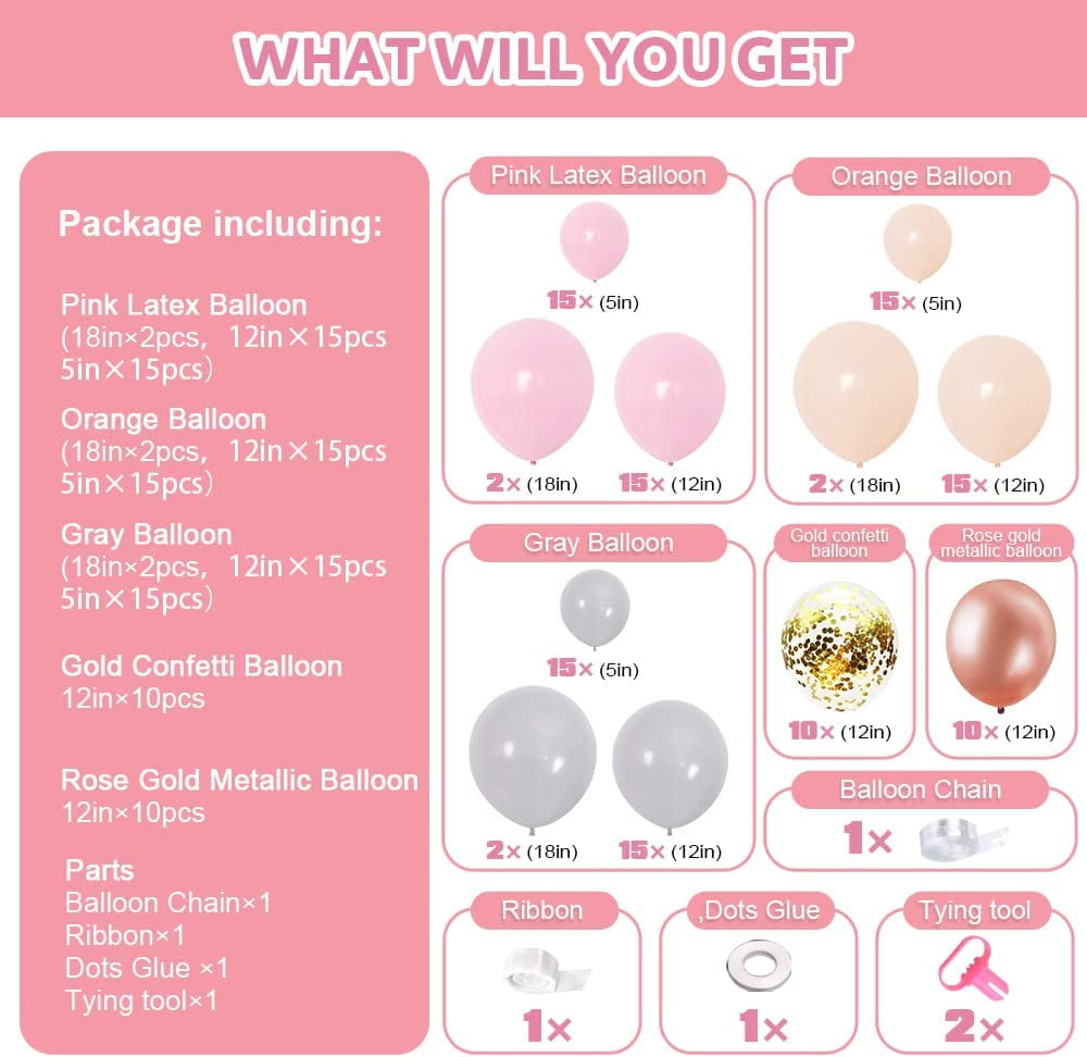 MMTX 121pcs Peach Pink Balloon Garland Arch Kit for Birthday Wedding Party Decoration (Pink, 121 Pieces) w36jm