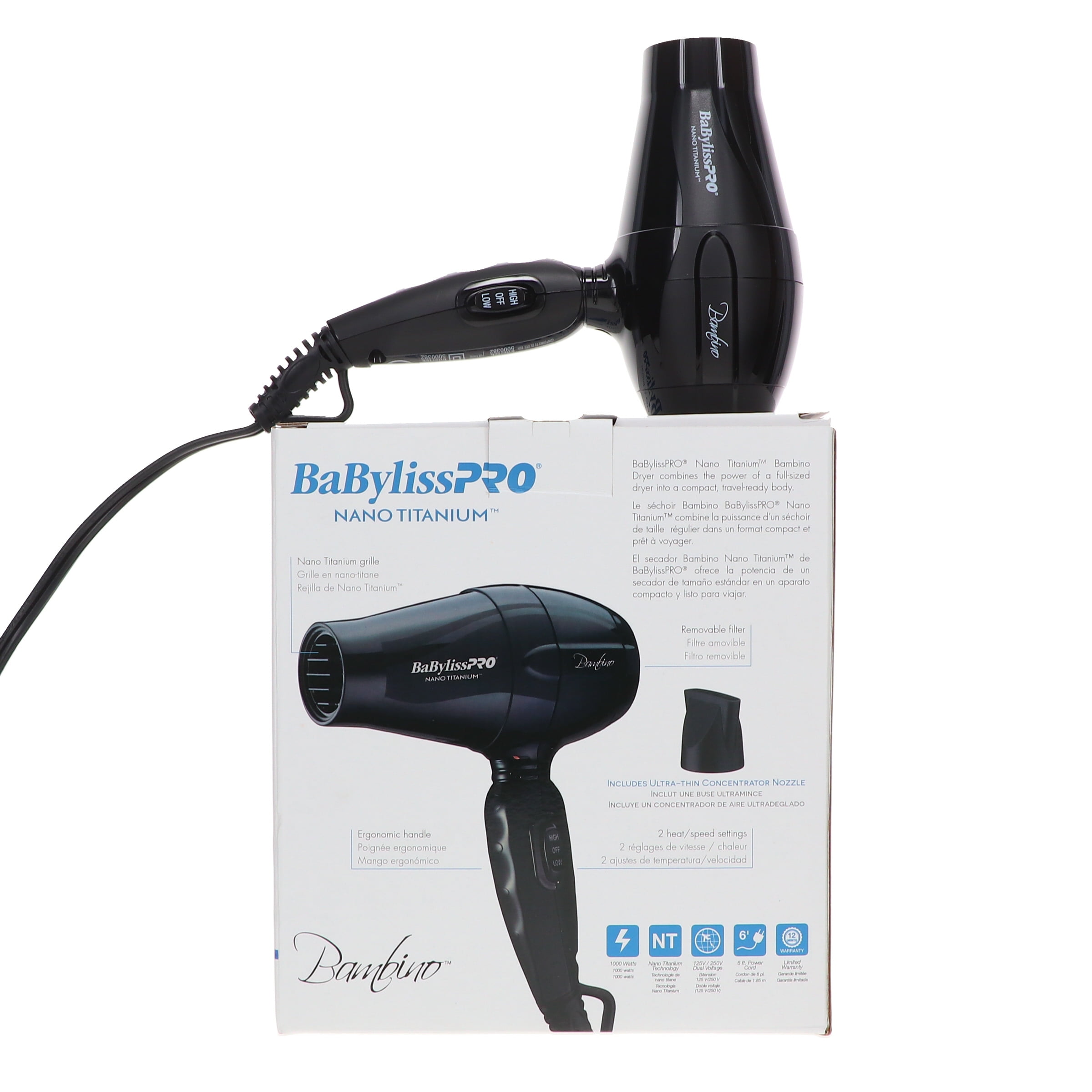 BaBylissPRO Nano Titanium Bambino Compact Dryer Professional Hair Styling Tool (Black, 1000 Watts) hwq41