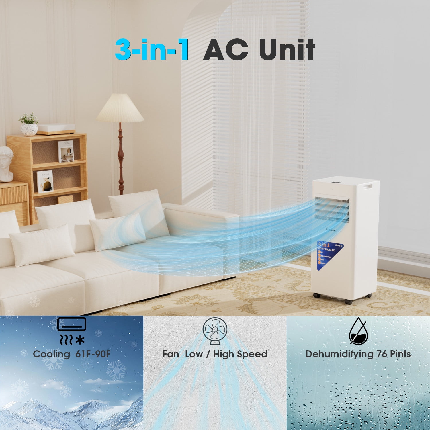 Fun for Fun 10000 BTU Portable Air Conditioner, 3-in-1 Cooling Dehumidifier and Fan for Rooms up to 450 sq.ft (White) d3hxt