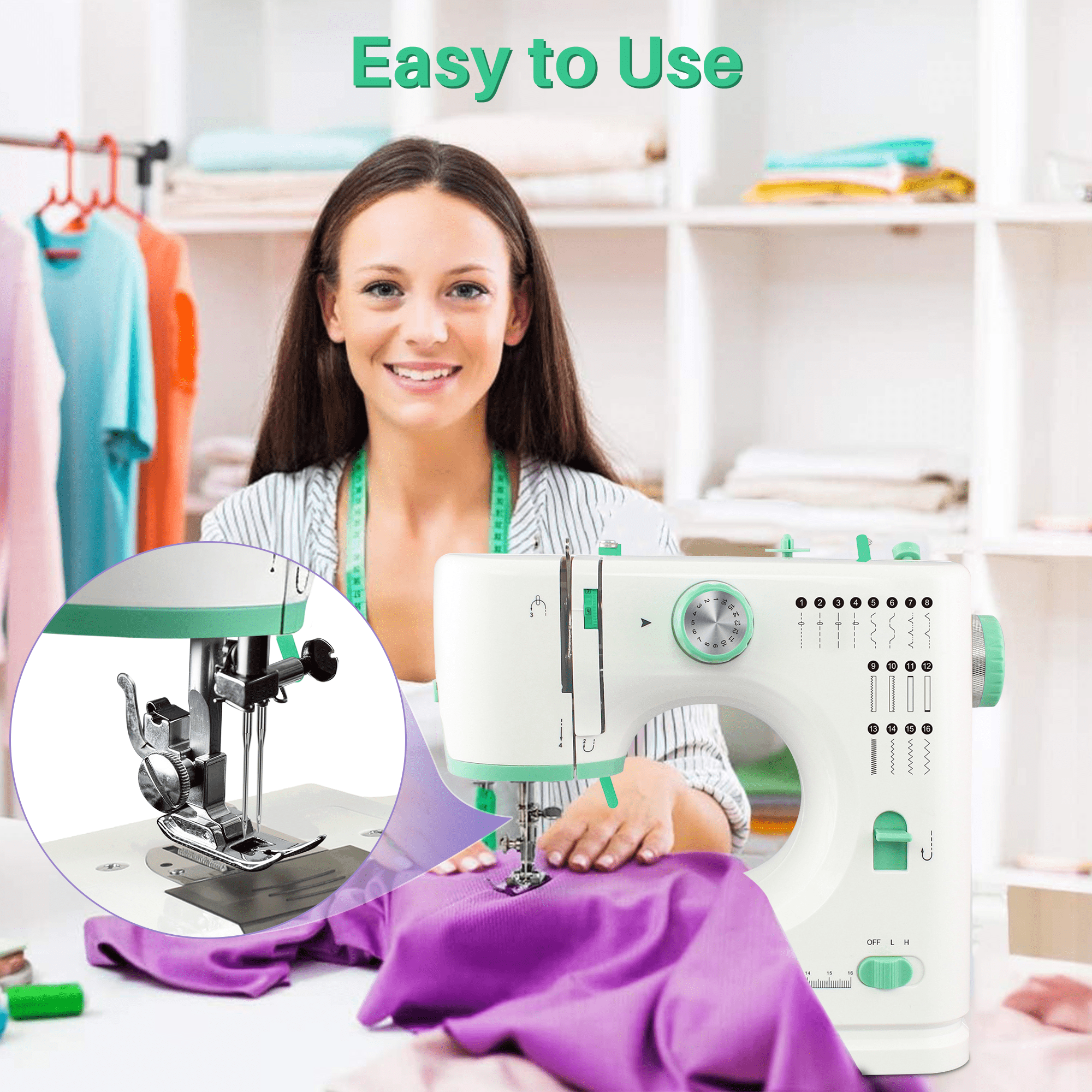 BCOOSS Portable Sewing Machine for Beginners with 16 Built-in Stitches and Foot Pedal (Green, 1 Unit) fj9r0