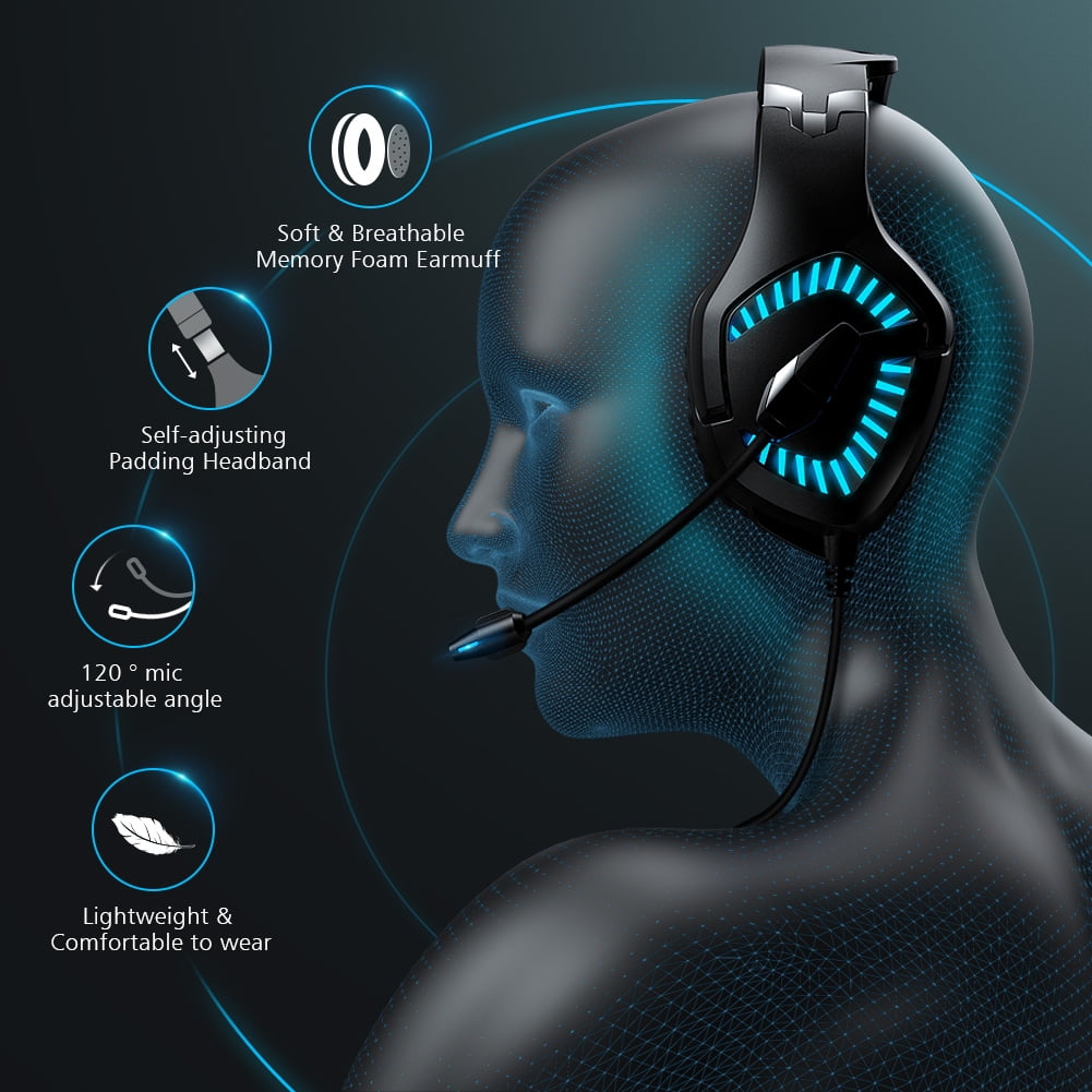 WodnHoak Gaming Headset with 7.1 Surround Sound, Noise Canceling Microphone & LED Lighting (Blue, 1 Pack) npkbr