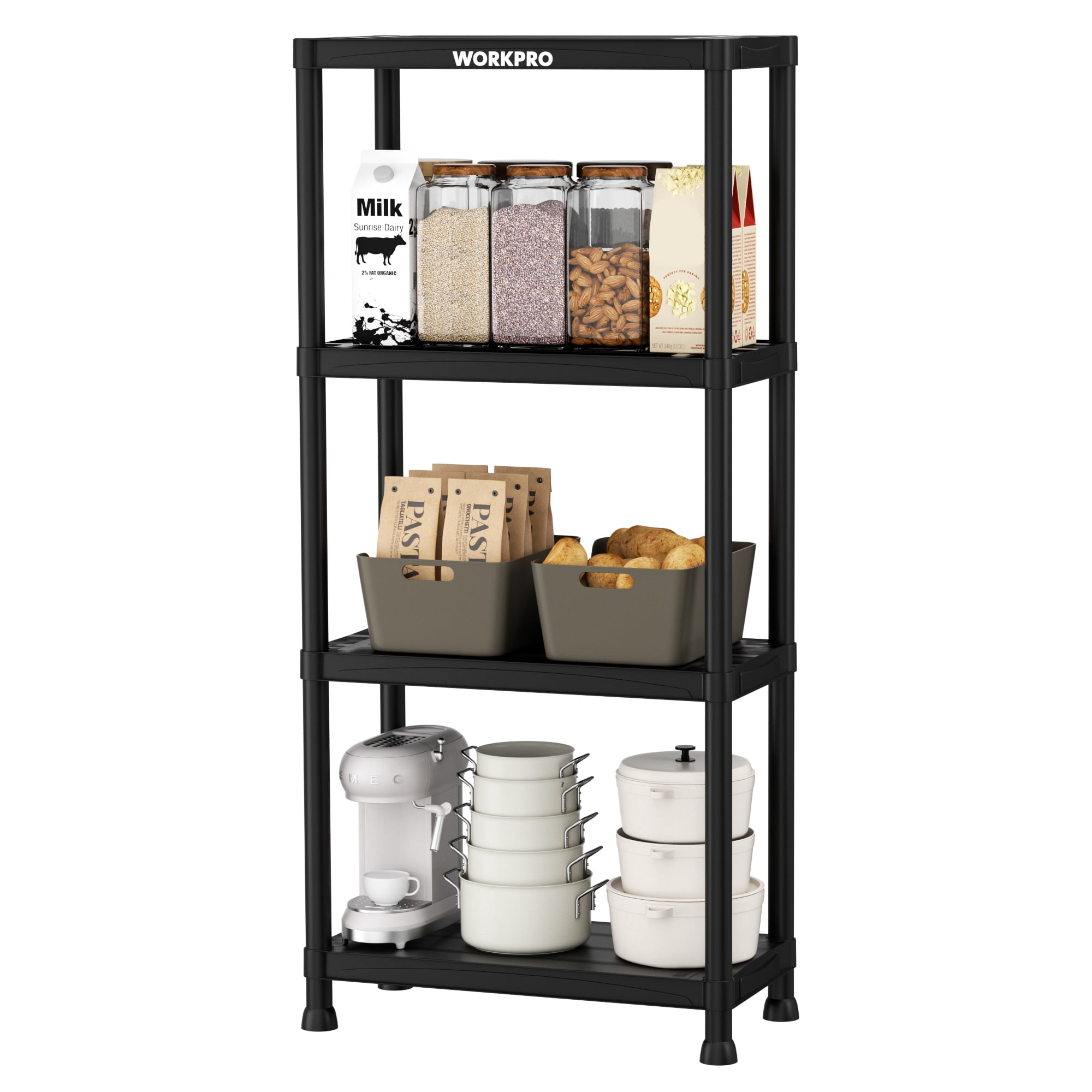 WORKPRO 4-Tier Plastic Storage Shelf, Heavy-Duty Utility Shelving Unit for Garage and Laundry Room (Black, 4-Tier) g6ri7