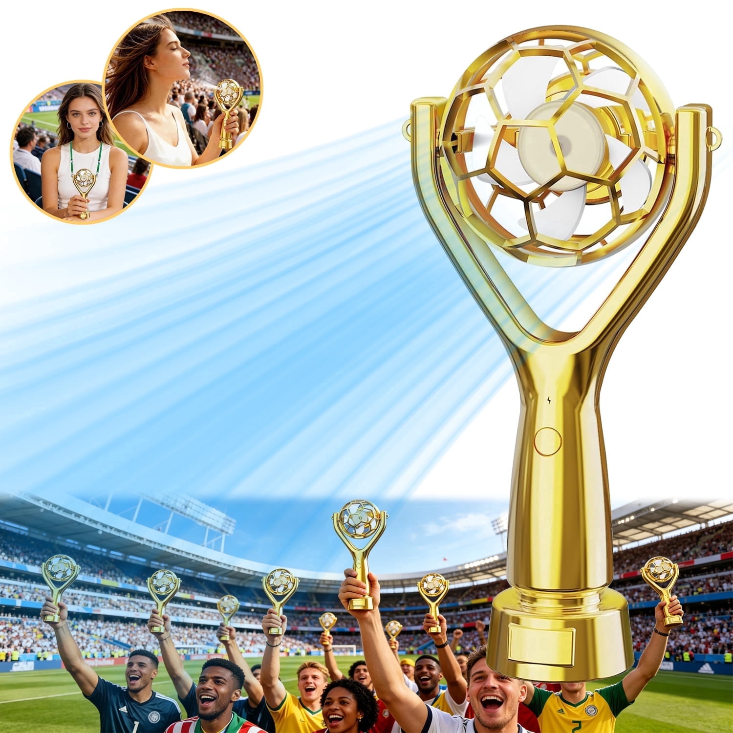 Desiso Handheld Soccer Trophy Fan, Portable USB Rechargeable Cooling Device, Quiet 3-Speed Stadium Fan (Rose Gold, 1 Unit) ko4jz