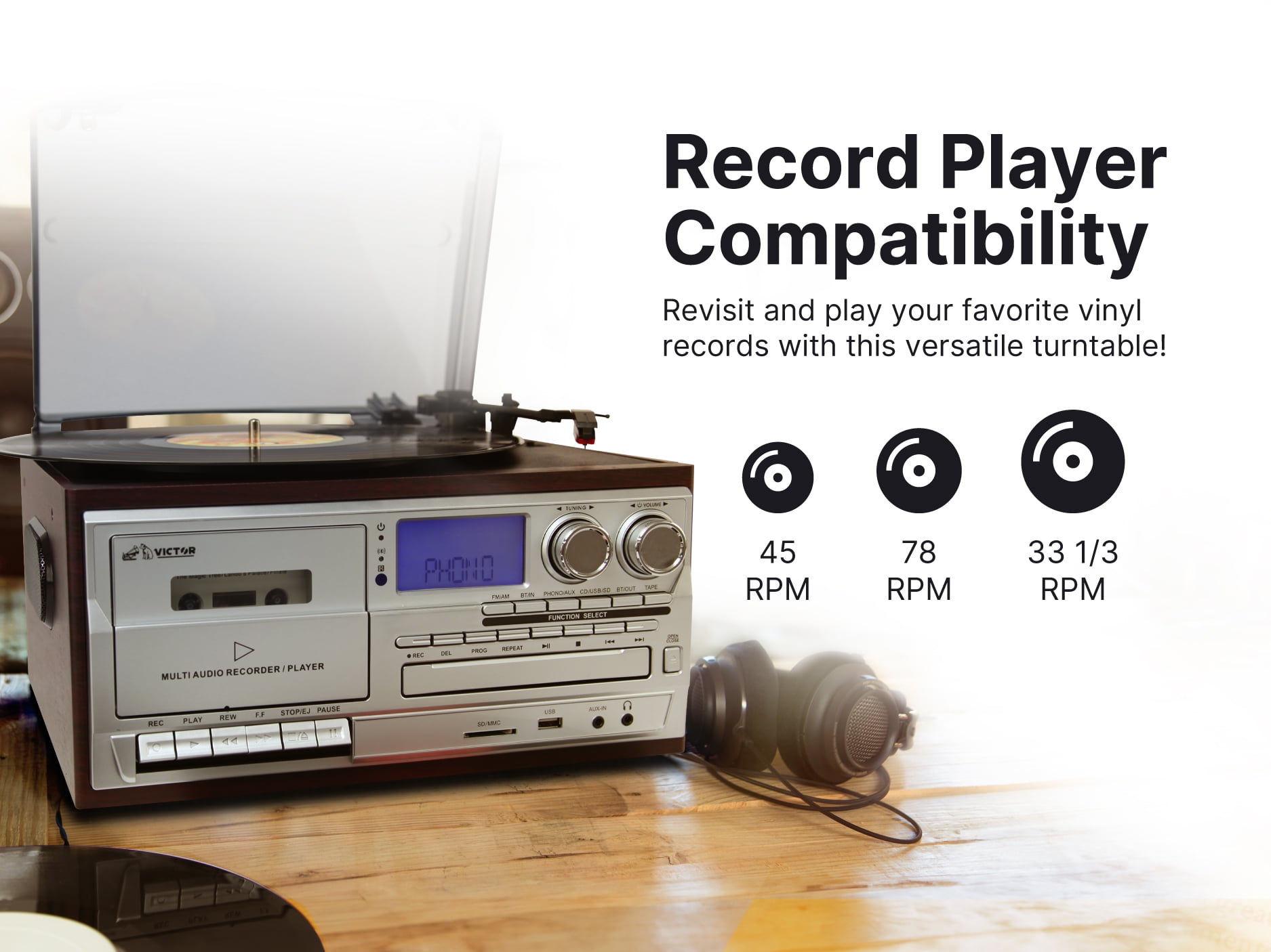 Victor Cosmopolitan 8-in-1 Turntable Music Center with 3-Speed Record Player, Bluetooth, and USB Recording (Brown, 1 Unit) sb4rb