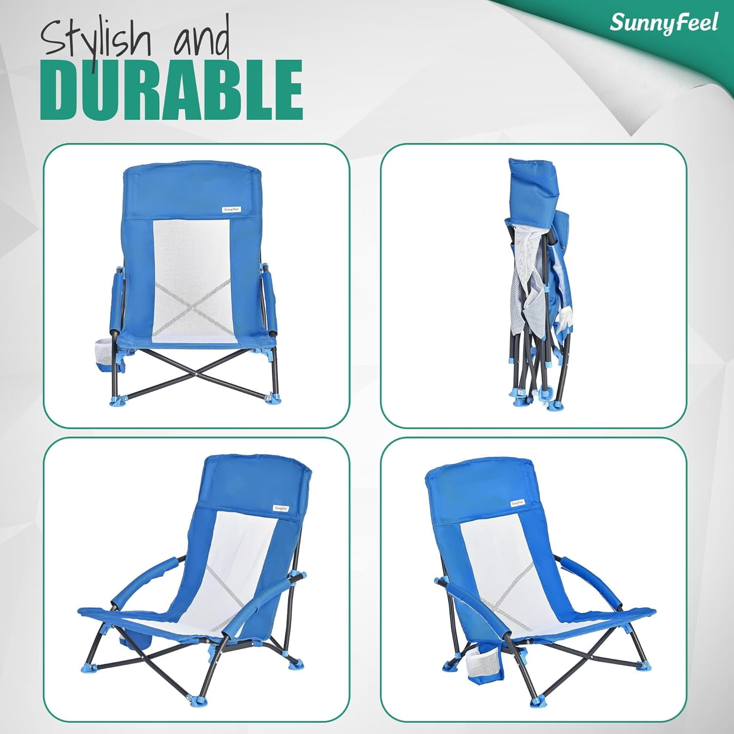 Sunnyfeel Folding Low Camping Beach Chair, Portable Lawn Chair with Mesh Back (Blue, 7.5 lb) 7ndl3