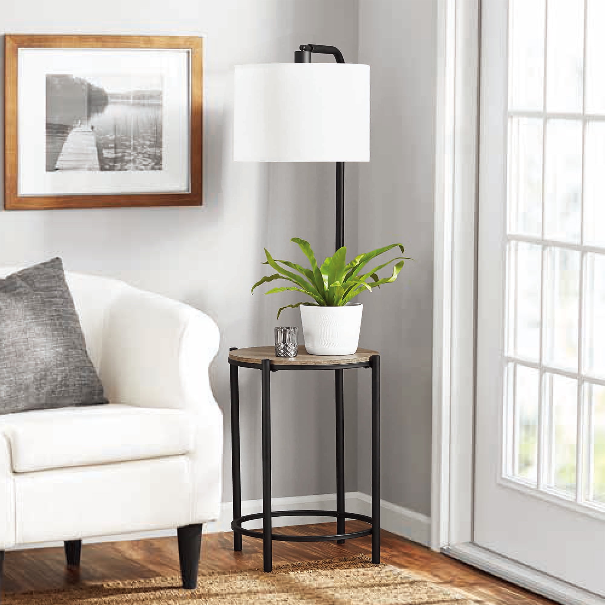 Mainstays Mid-Century Modern Floor Lamp with Faux Wood Side Table (Matte Black, 54 in) o8tj3