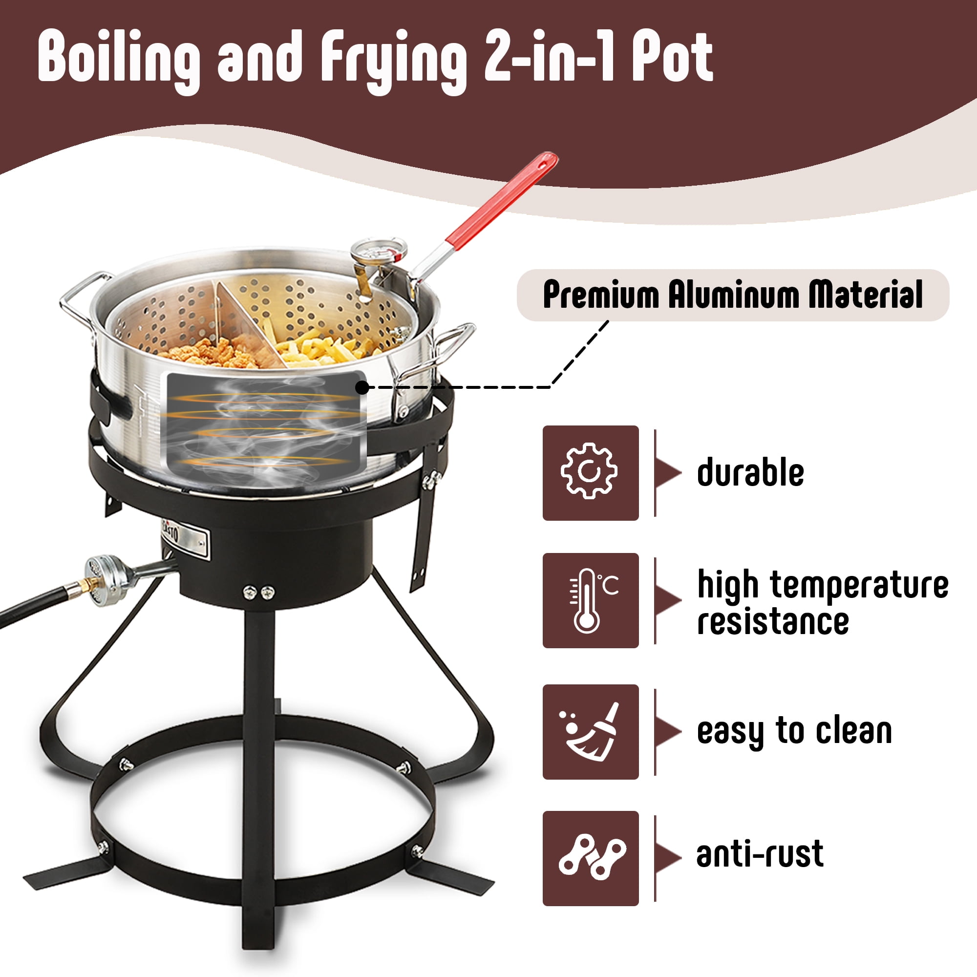 Feasto Outdoor Propane Gas Fish Fryer Pot Kit with Strainer Basket and 50,000 BTU Burner (Silver, 10 qt) fxjcn