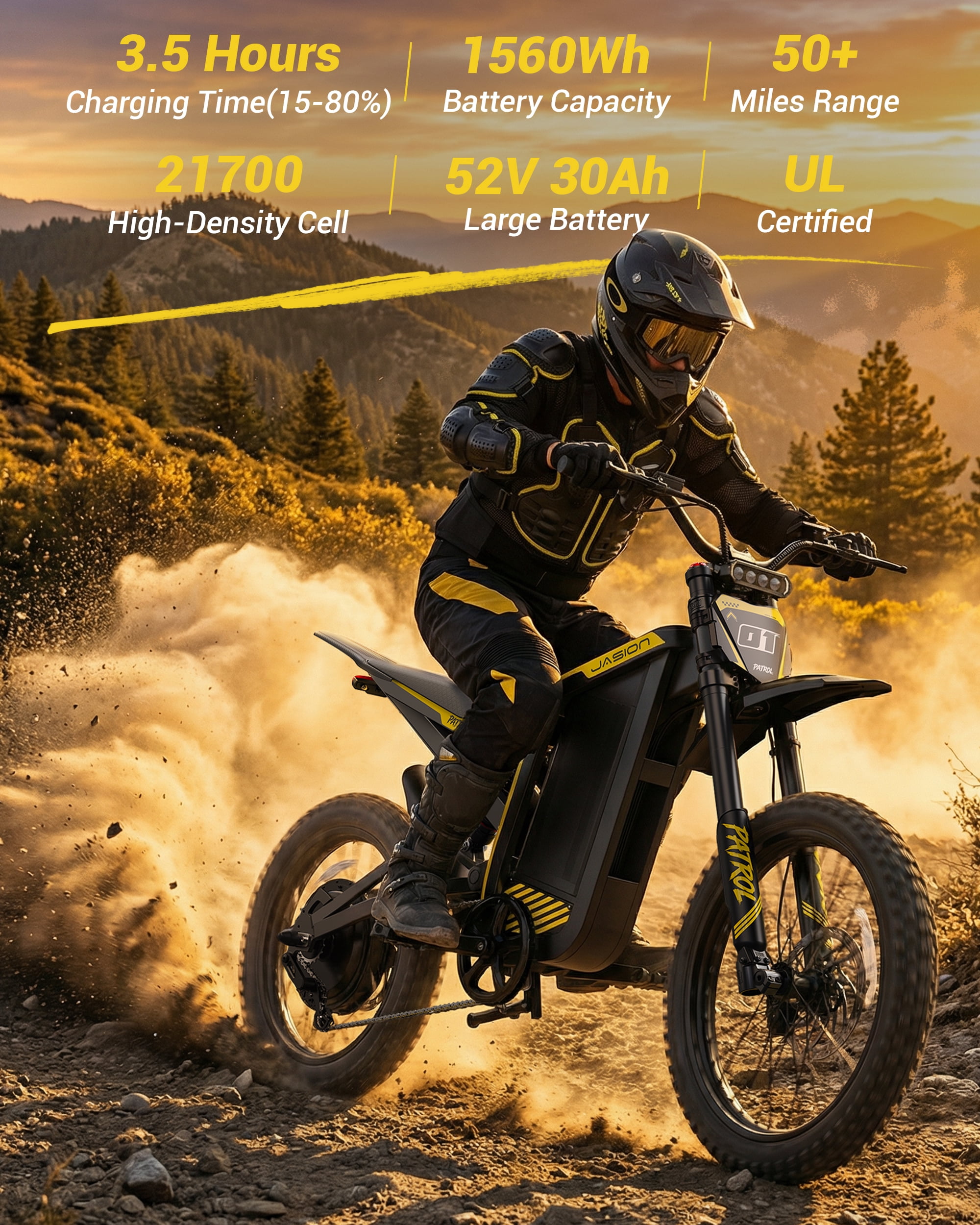 Jasion Patrol Electric Dirt Bike for Adults, 4000W Peak Motor, 52V 30Ah Battery, Fat Tire Off-Road E-Motorcycle (Yellow, 19 in/17 in) 3r5vd