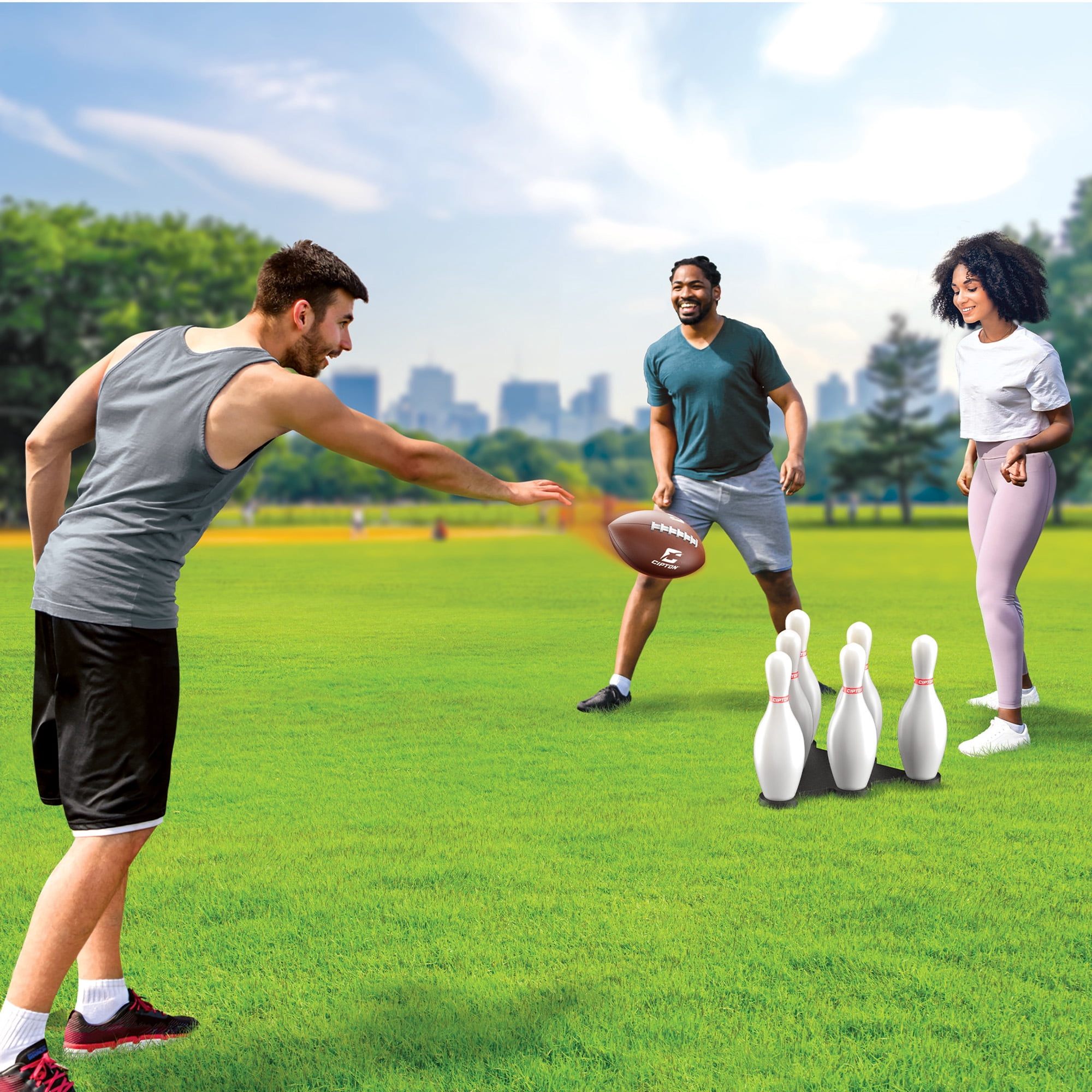 Cipton Strike Football Lawn Game Set, Outdoor Bowling Activity with 12 Pins, 2 Target Bases, Football, Air Pump, and Carry Bag (17-Piece Set) je7x4