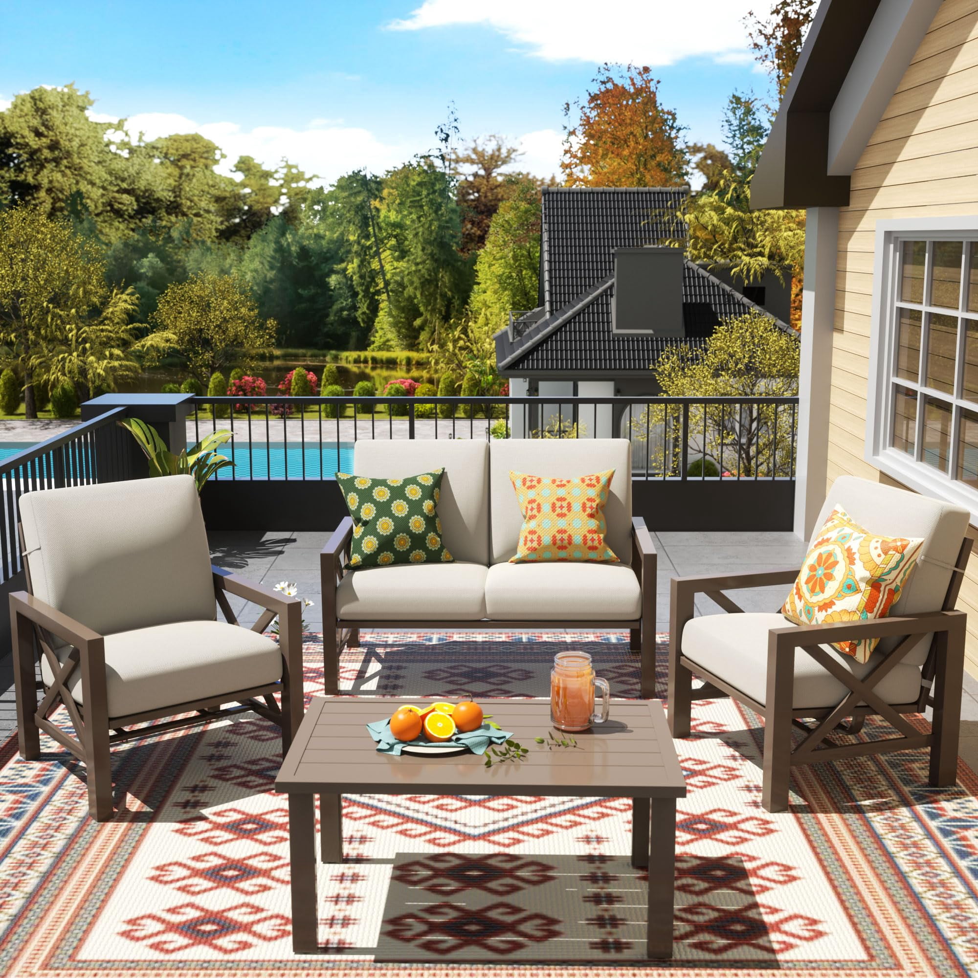 NATURAL EXPRESSIONS 4-Piece Metal Patio Furniture Set with Motion Rocking Chairs and 6.5 in Cushions (Beige, 4-Piece Set) p739r