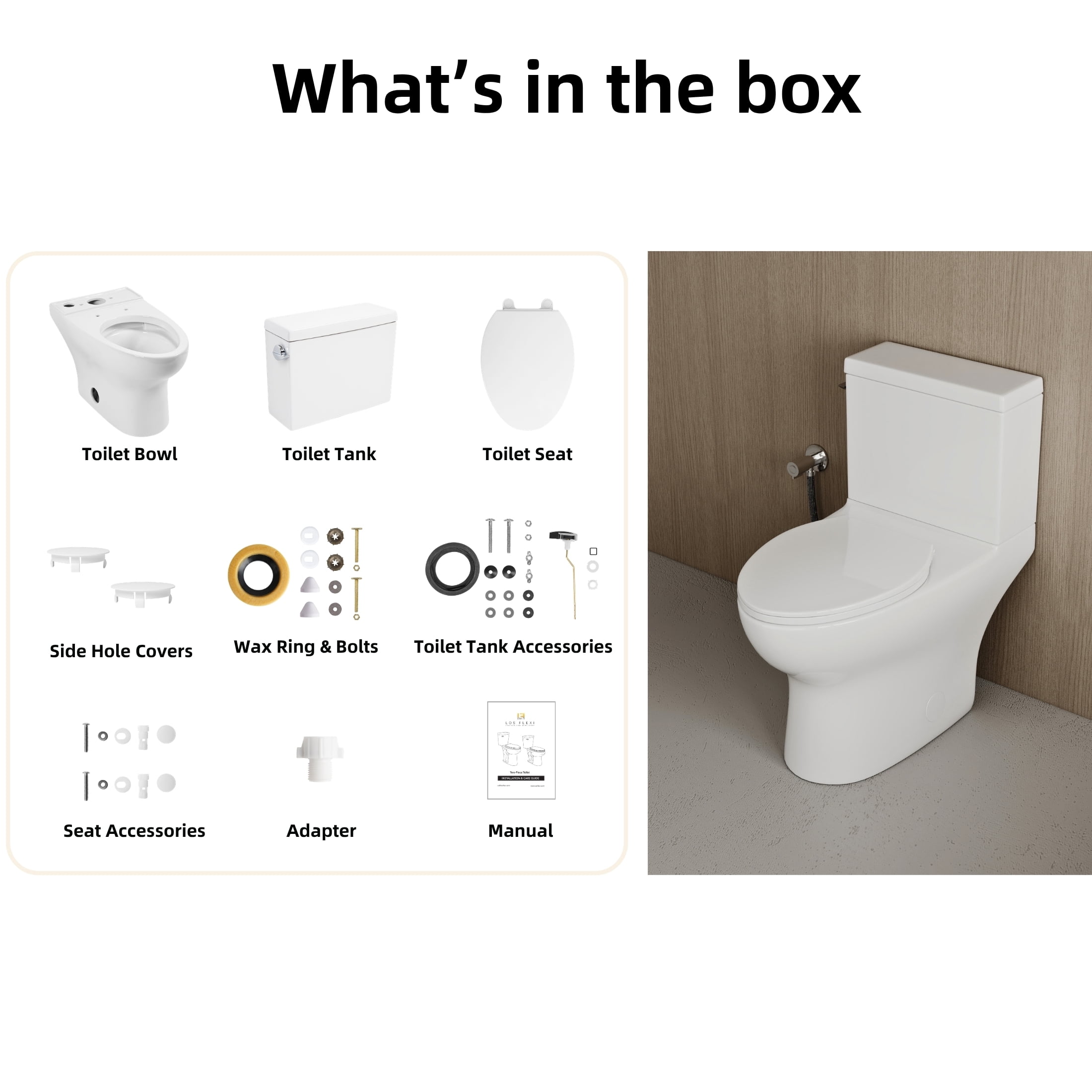 Los Flexi Modern Elongated Two-Piece Toilet, ADA Comfort Height with Soft-Close Seat (White, 17.5 in) kldv5