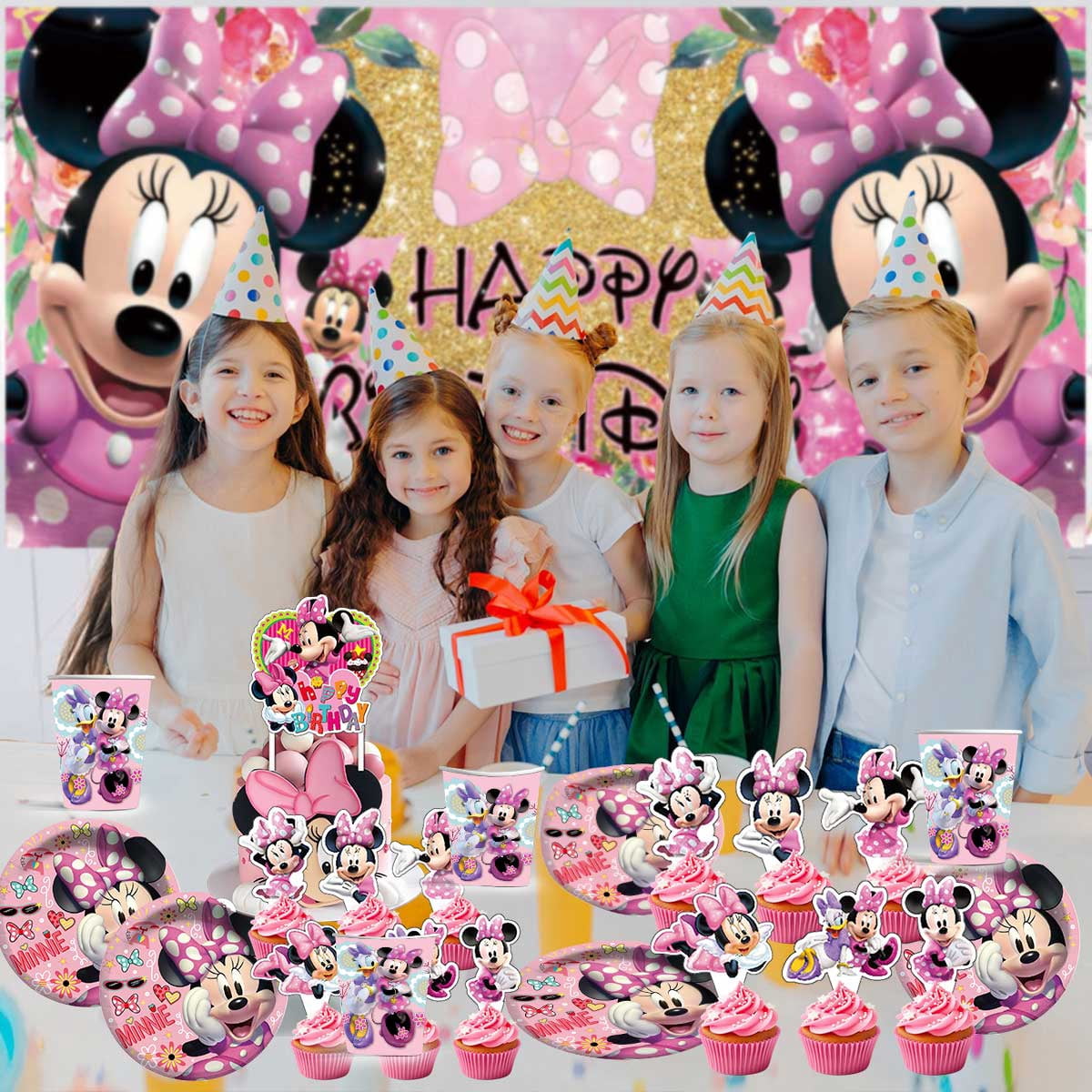 LINLUUAS Minnie Mouse Birthday Party Decoration Set with Honeycomb Centerpieces and Backdrop (21 Piece Set) f33gy